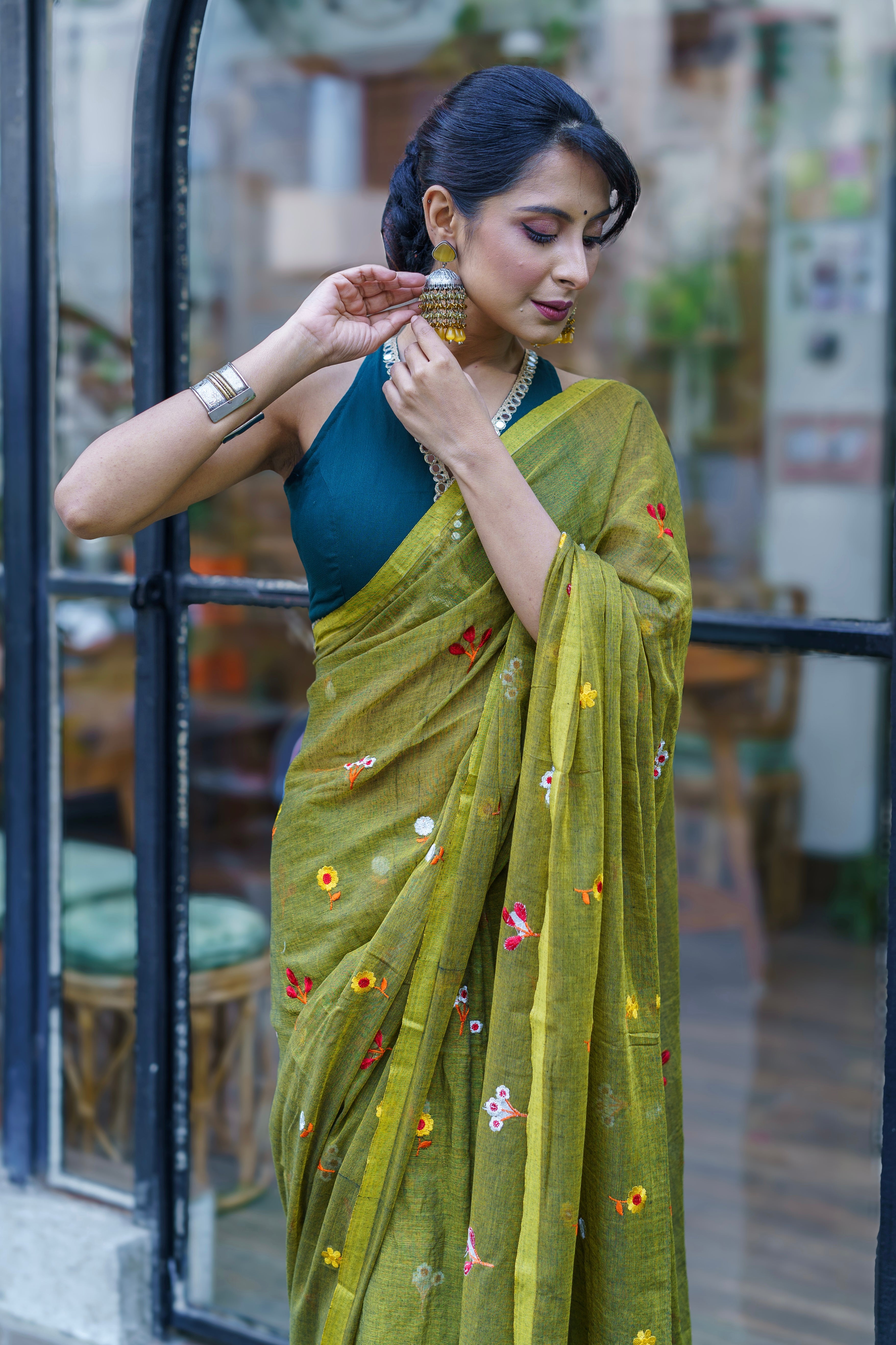 Olive Embroidered Mul Mul Cotton