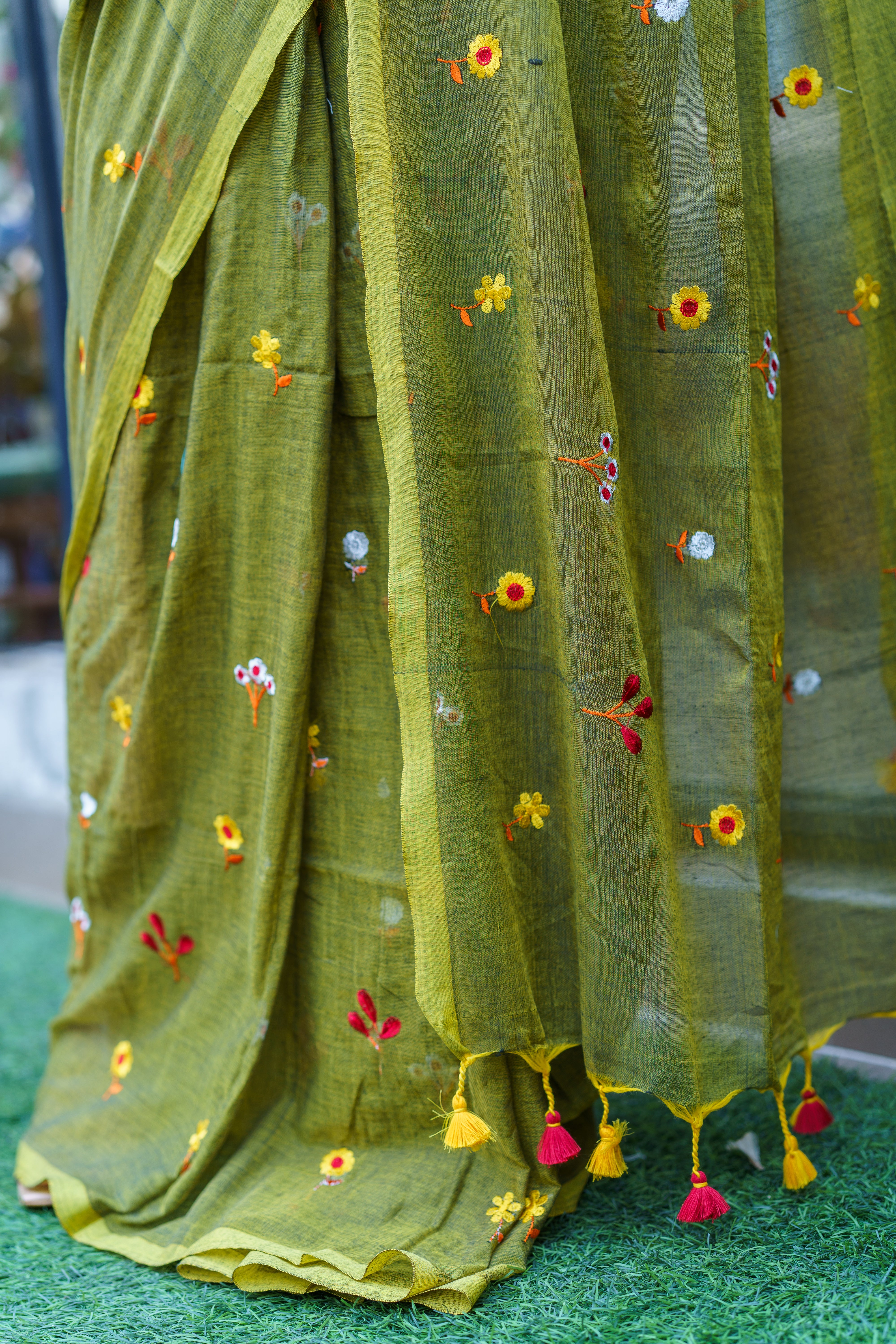Olive Embroidered Mul Mul Cotton