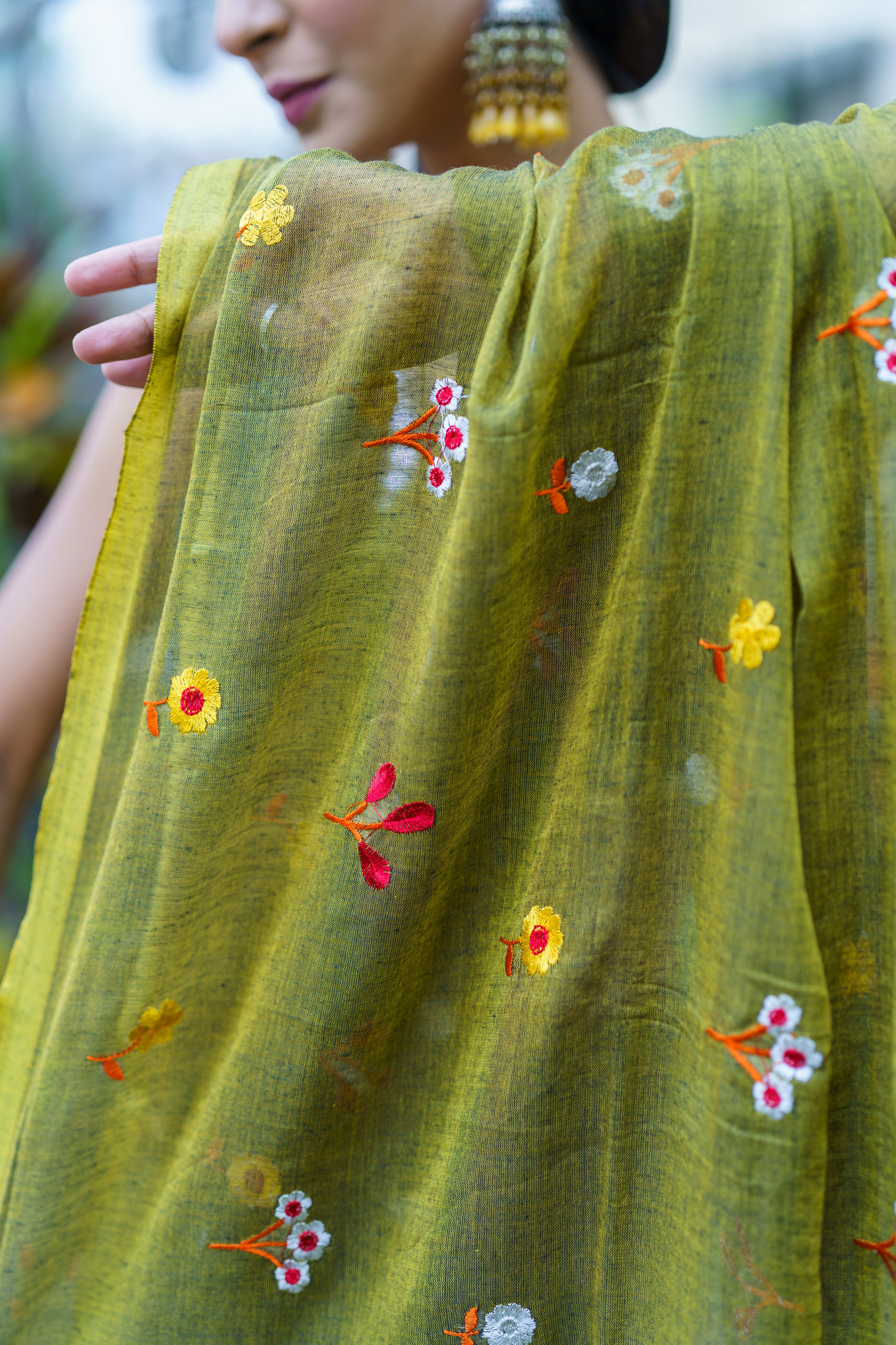 Olive Embroidered Mul Mul Cotton