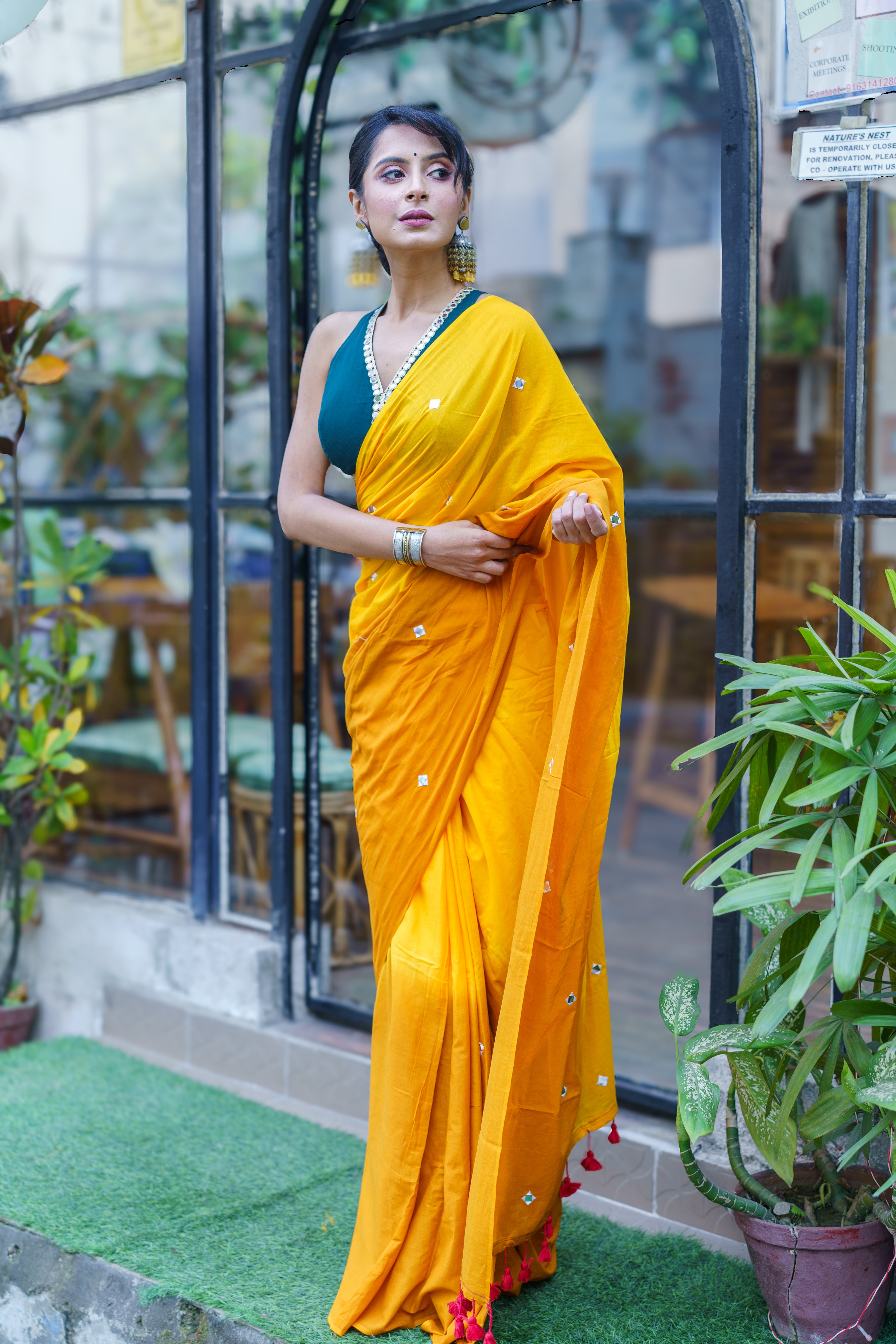 Pure Mul Cotton Mirror Work Saree- Yellow