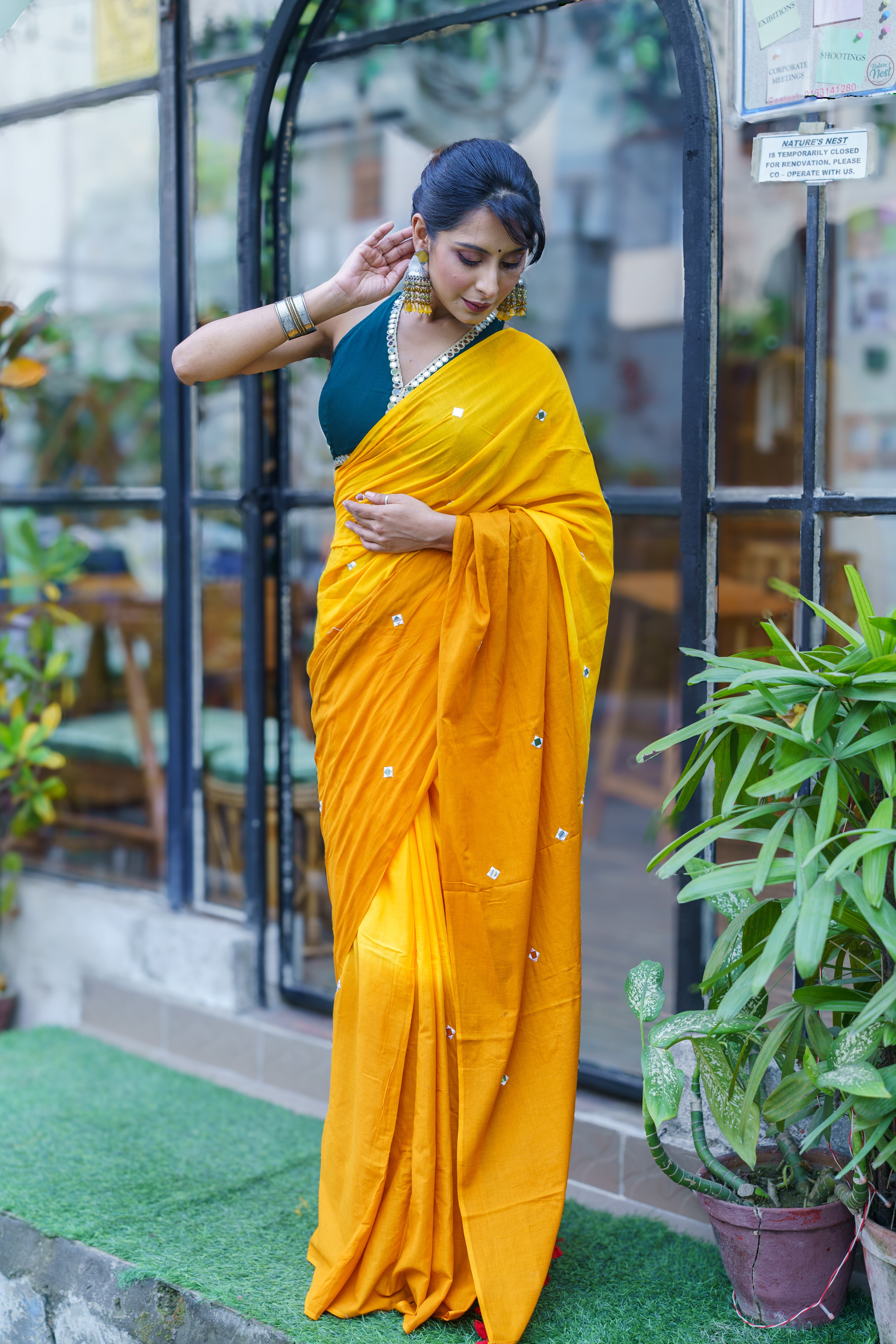 Pure Mul Cotton Mirror Work Saree- Yellow