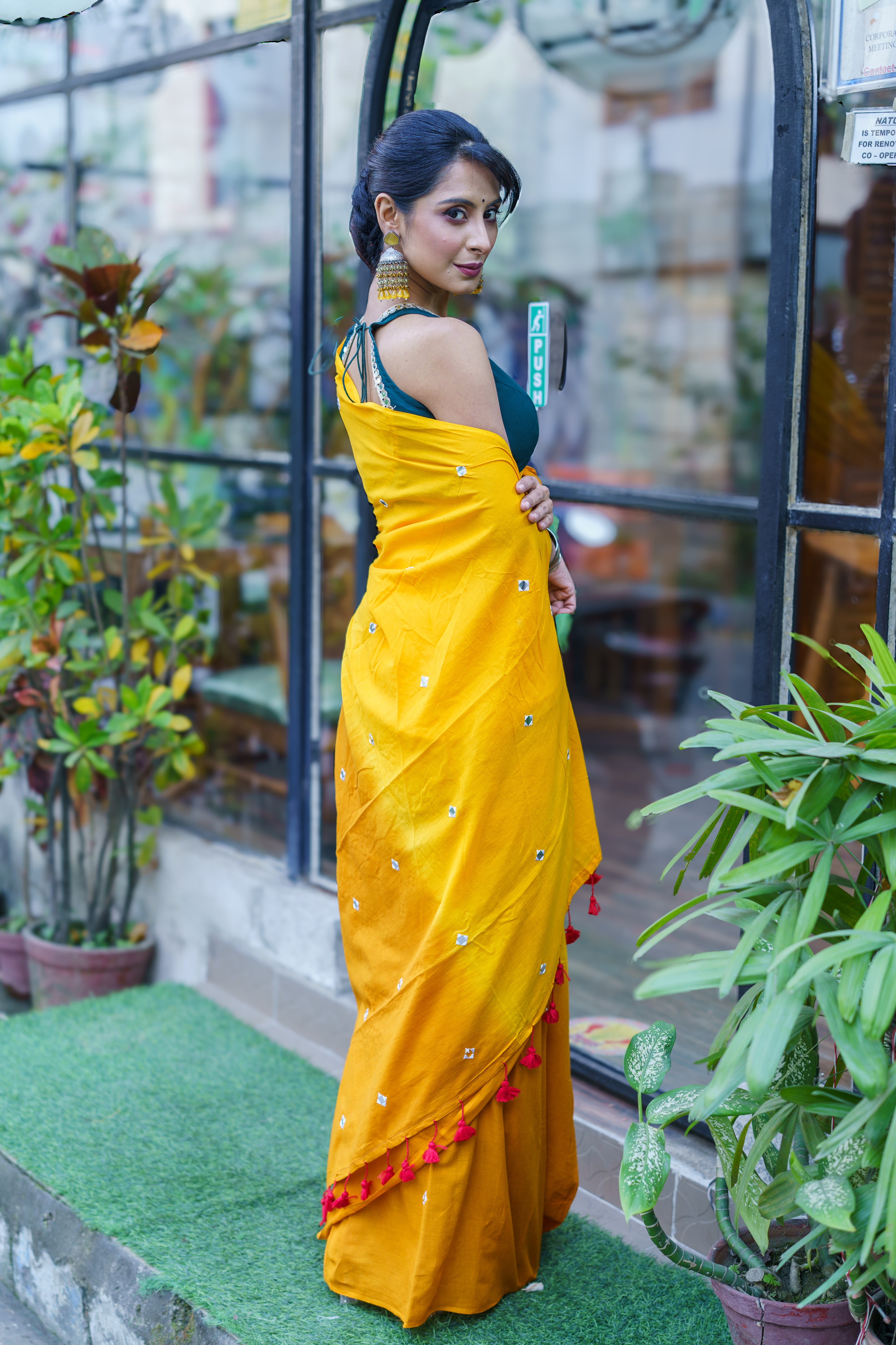 Pure Mul Cotton Mirror Work Saree- Yellow