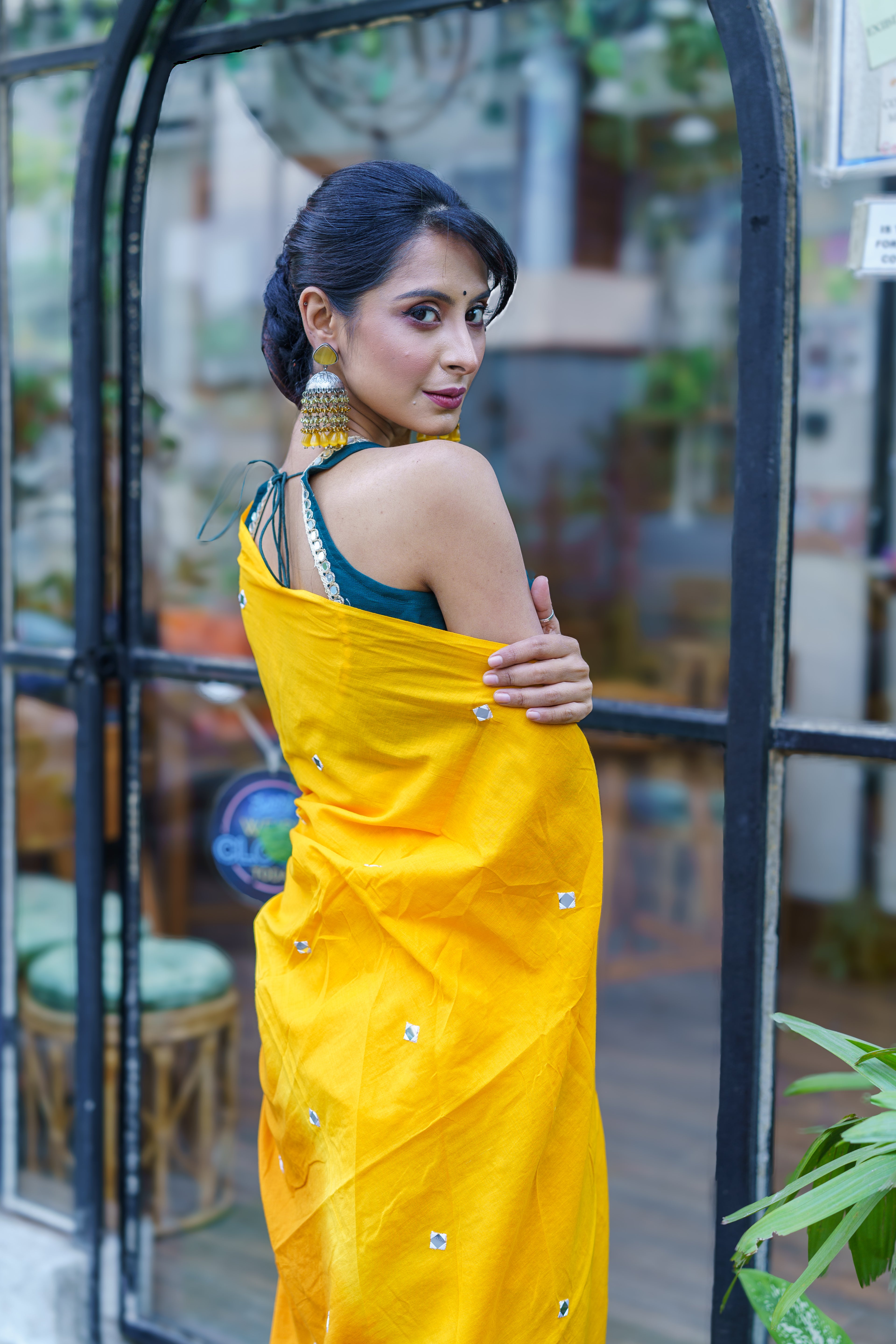 Pure Mul Cotton Mirror Work Saree- Yellow