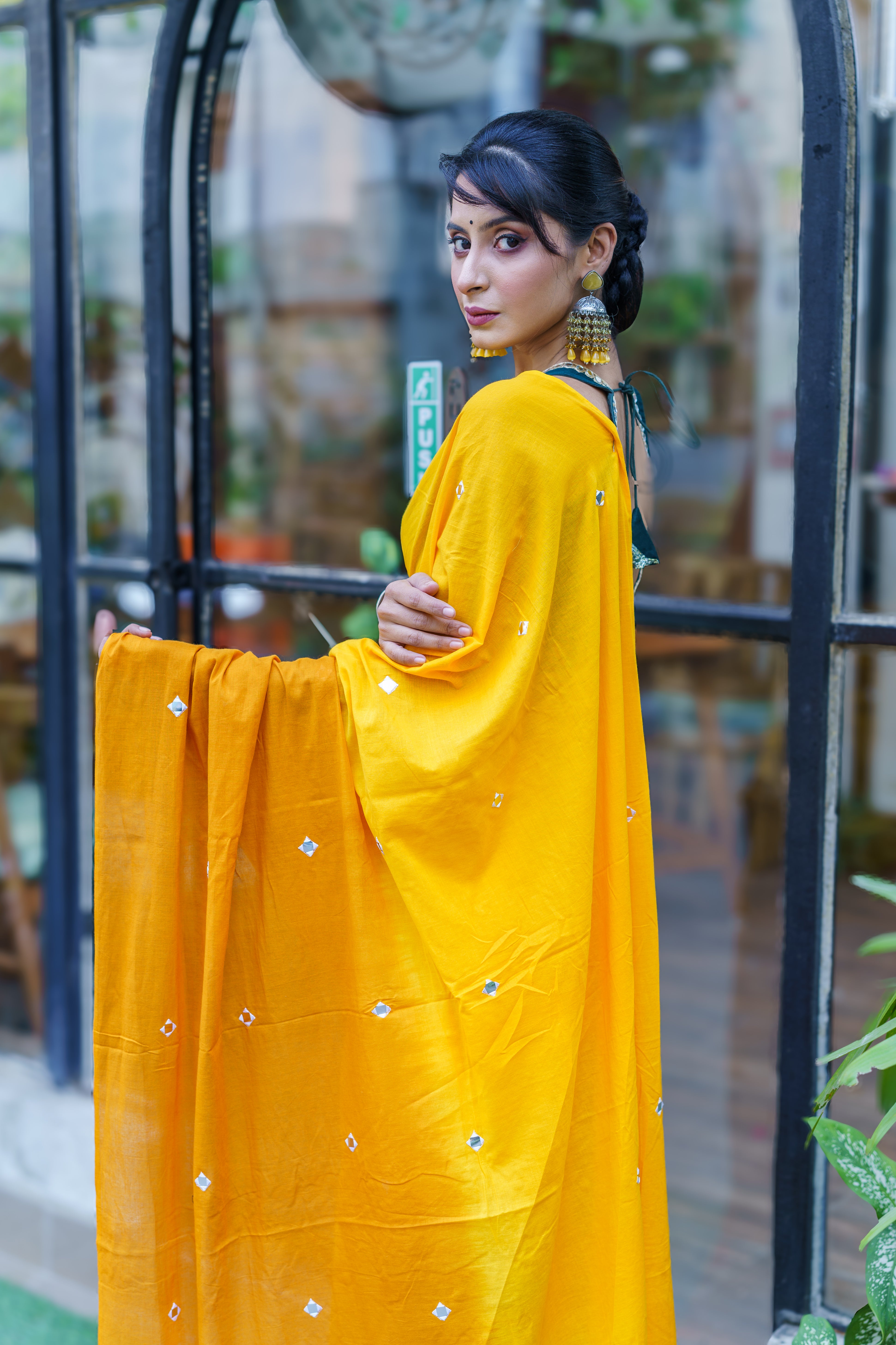 Pure Mul Cotton Mirror Work Saree- Yellow