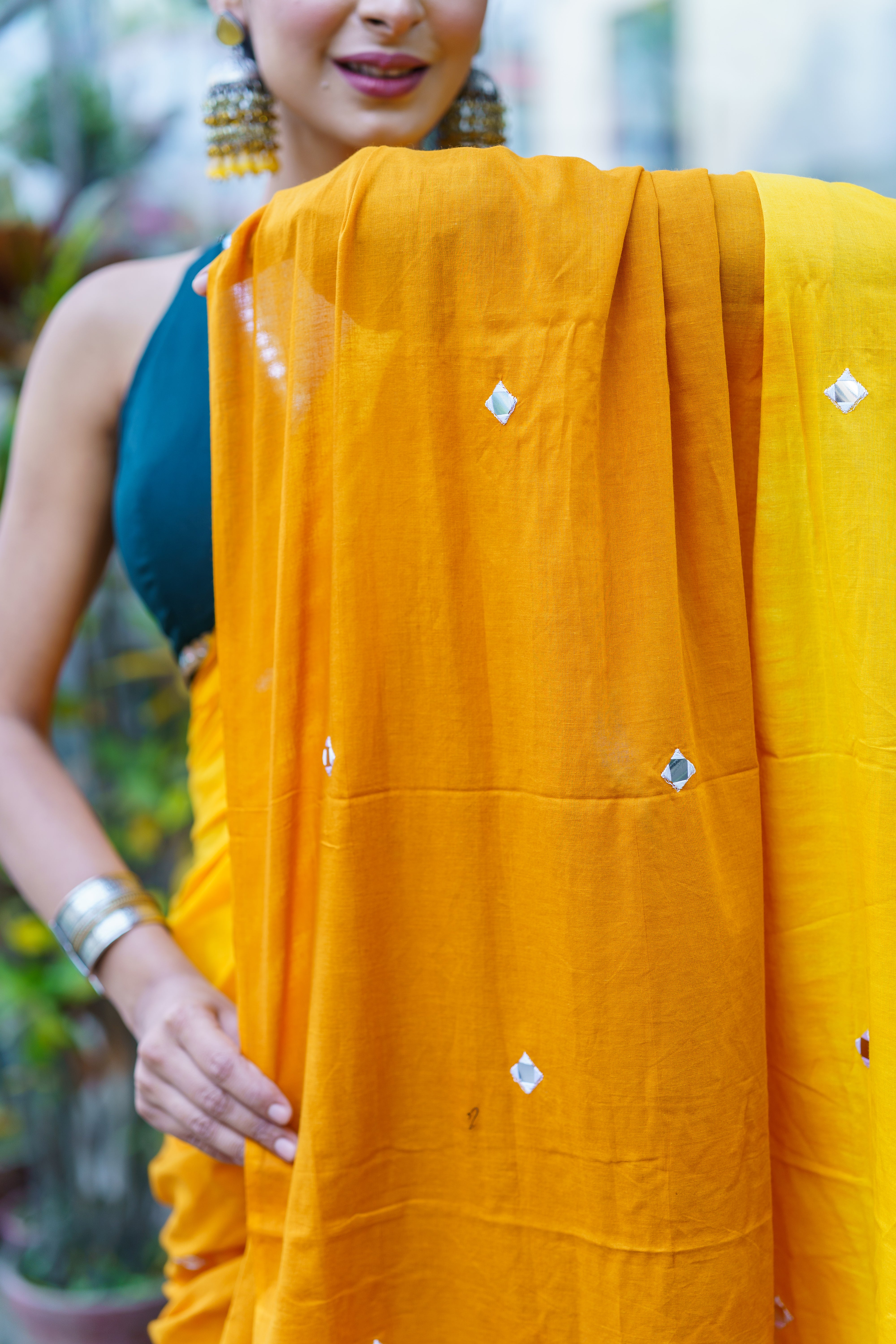 Pure Mul Cotton Mirror Work Saree- Yellow
