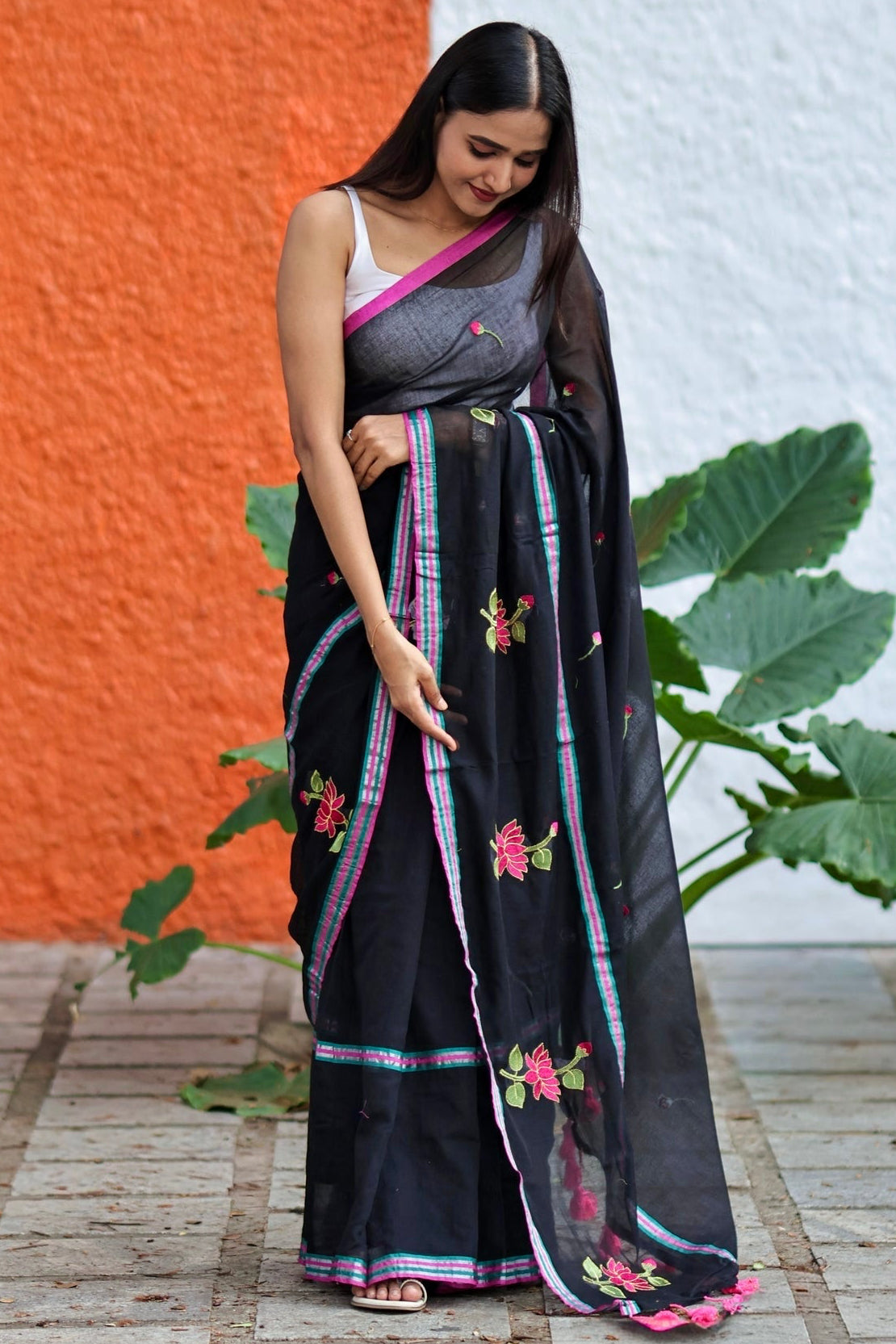 Black lotus embroidery mulmul cotton saree with blouse piece