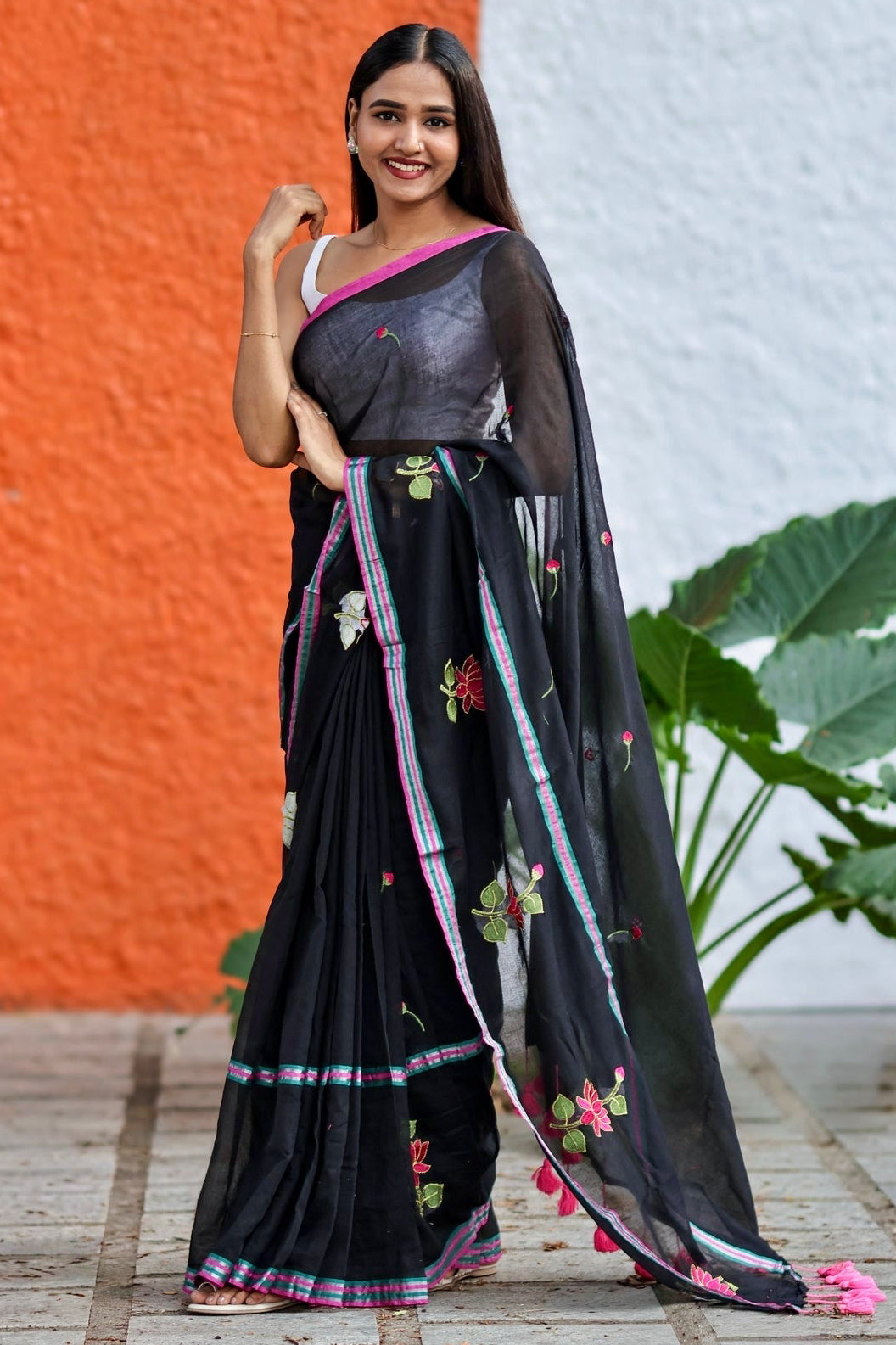 Black lotus embroidery mulmul cotton saree with blouse piece
