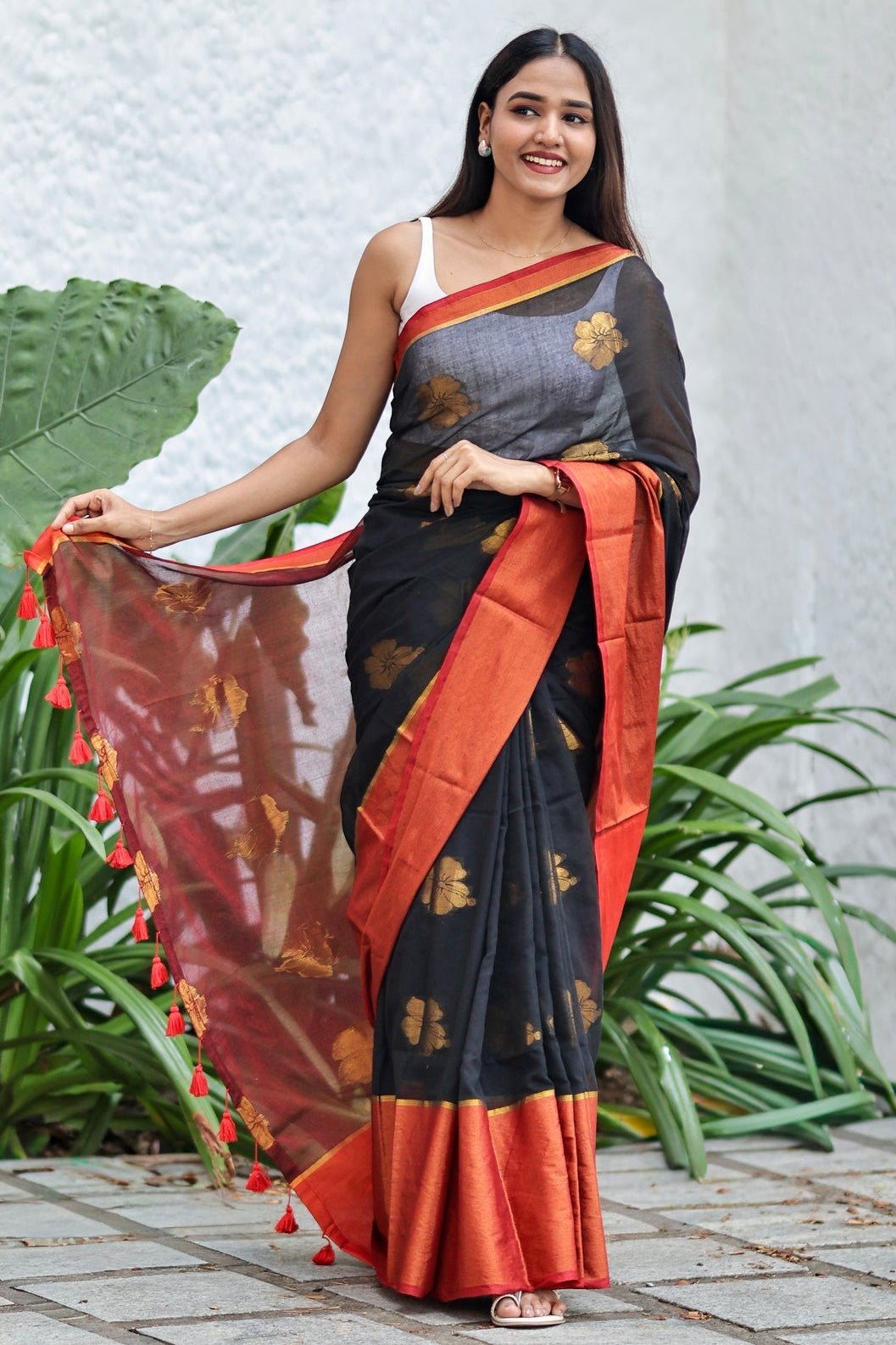 Black Hibiscus Gold Zari Thread Mulmul Cotton Saree with Blouse Piece