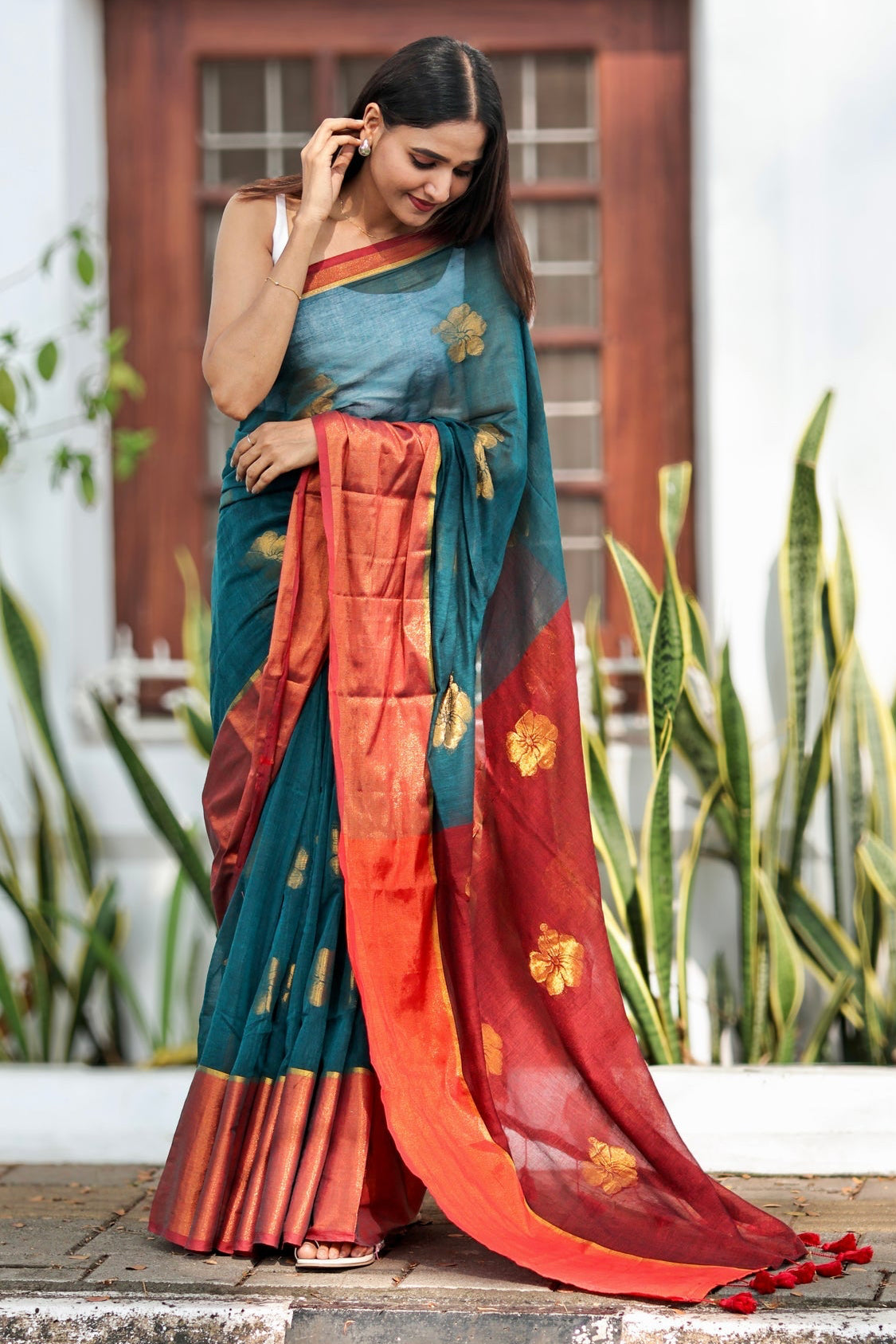 Teal Hibiscus Gold Zari Thread Mulmul Cotton Saree with Blouse Piece