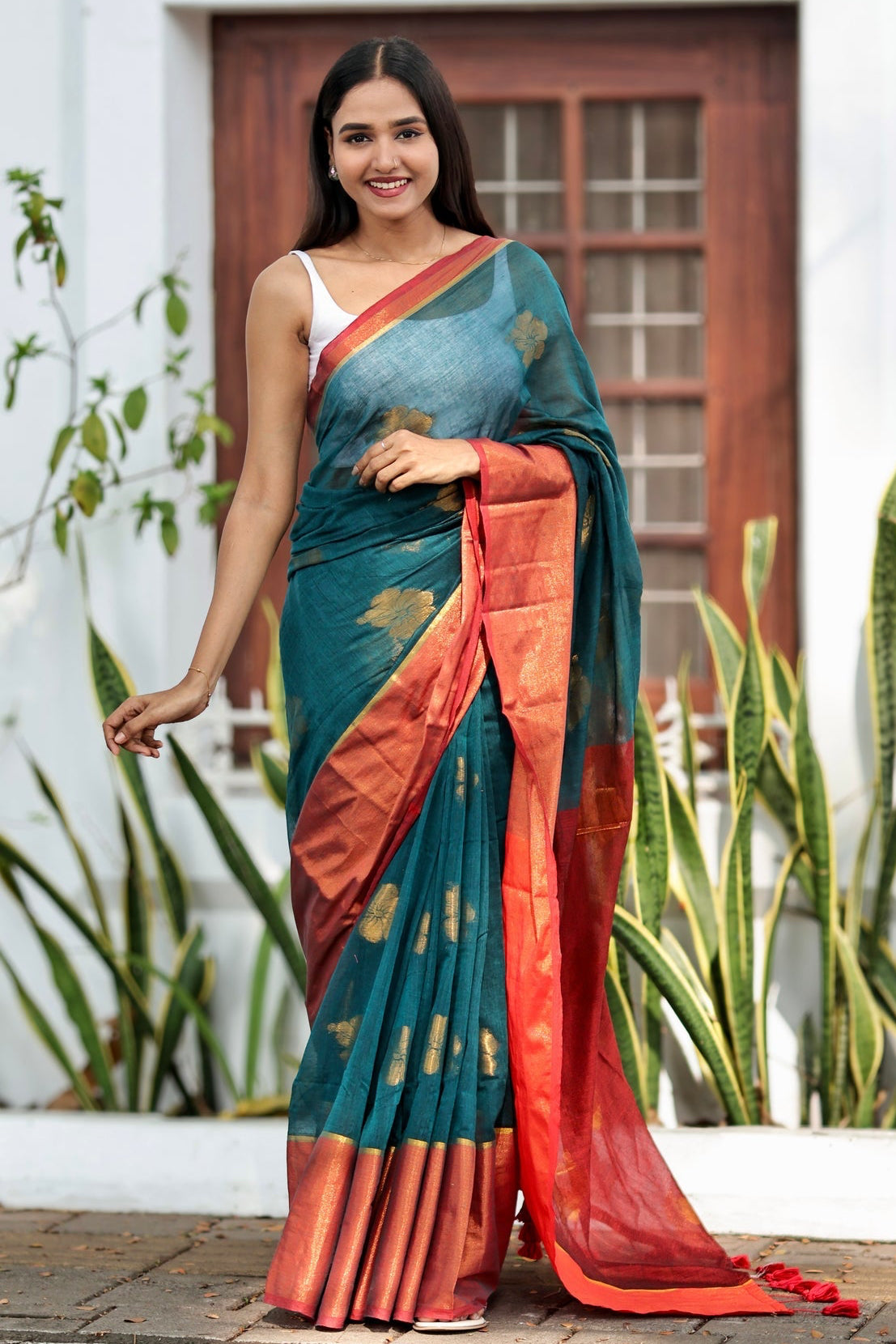 Teal Hibiscus Gold Zari Thread Mulmul Cotton Saree with Blouse Piece