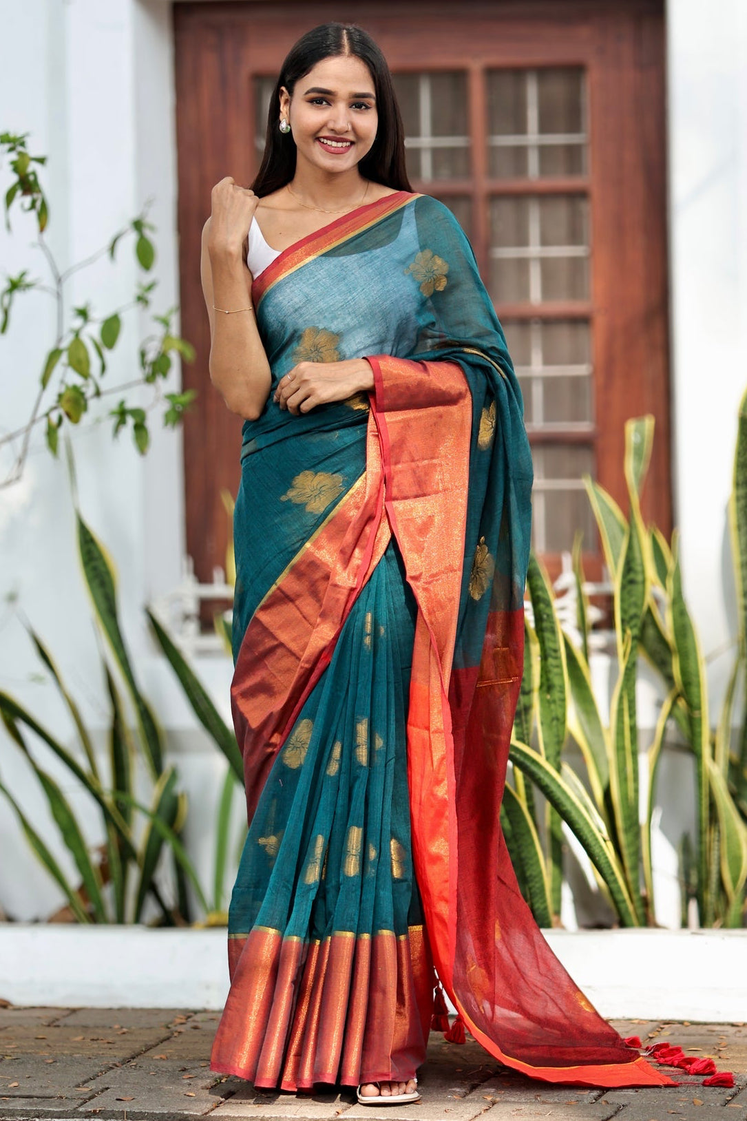 Teal Hibiscus Gold Zari Thread Mulmul Cotton Saree with Blouse Piece