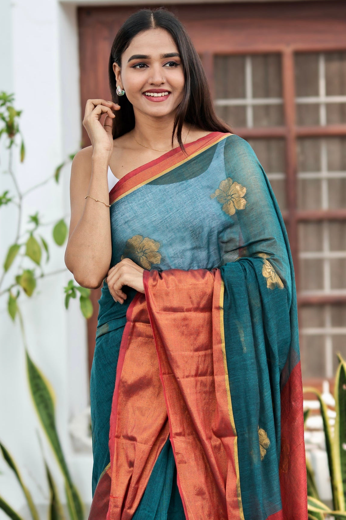 Teal Hibiscus Gold Zari Thread Mulmul Cotton Saree with Blouse Piece