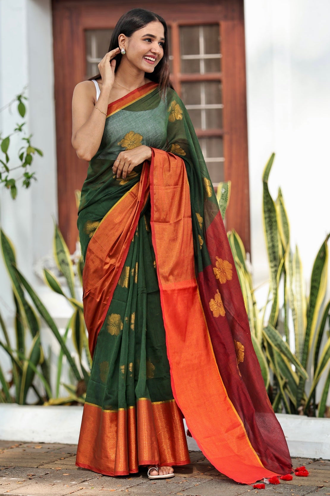 Green Hibiscus Gold Zari Thread Mulmul Cotton Saree with Blouse Piece