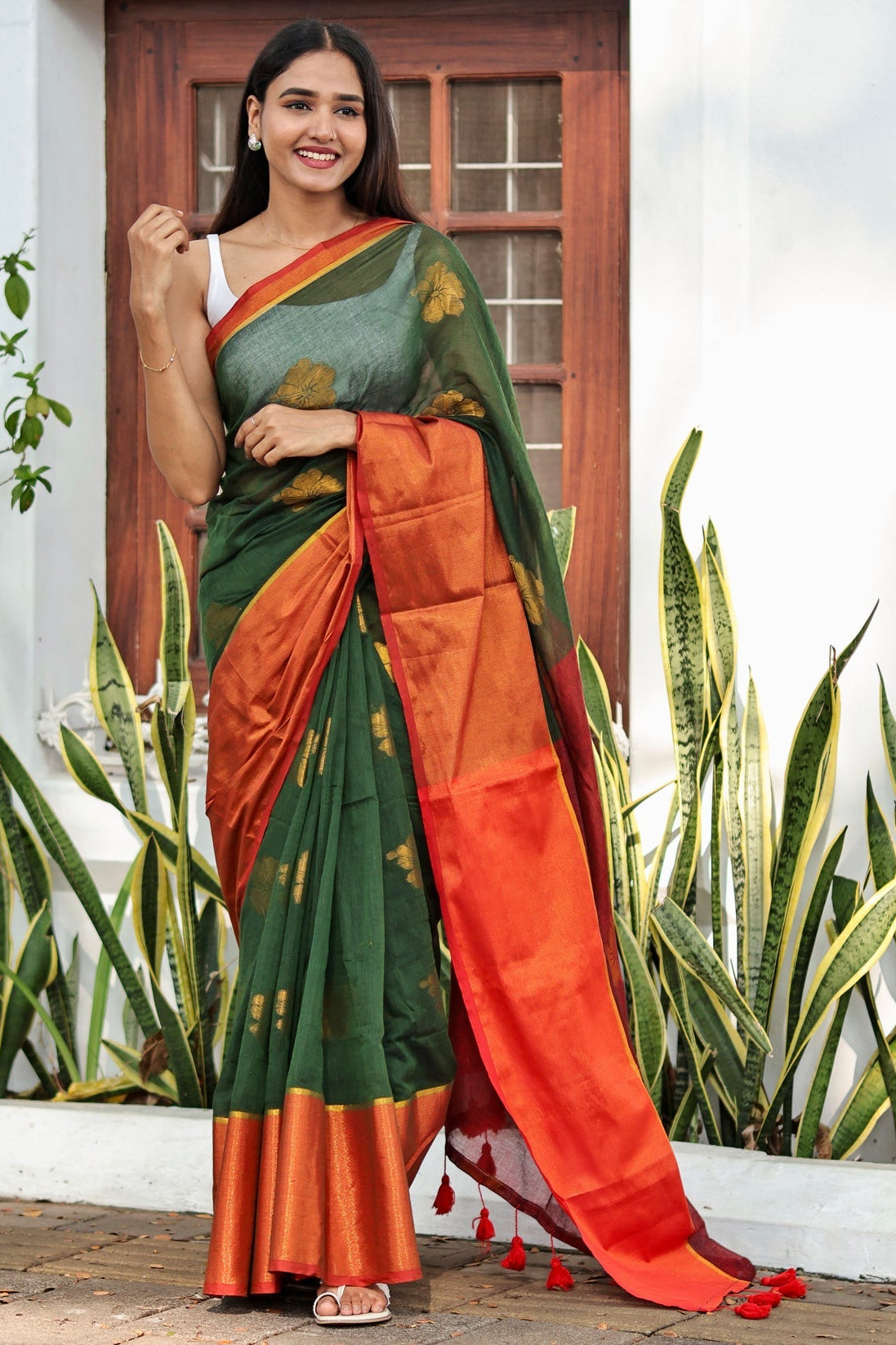 Green Hibiscus Gold Zari Thread Mulmul Cotton Saree with Blouse Piece
