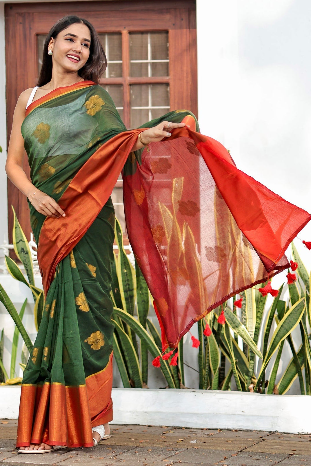 Green Hibiscus Gold Zari Thread Mulmul Cotton Saree with Blouse Piece