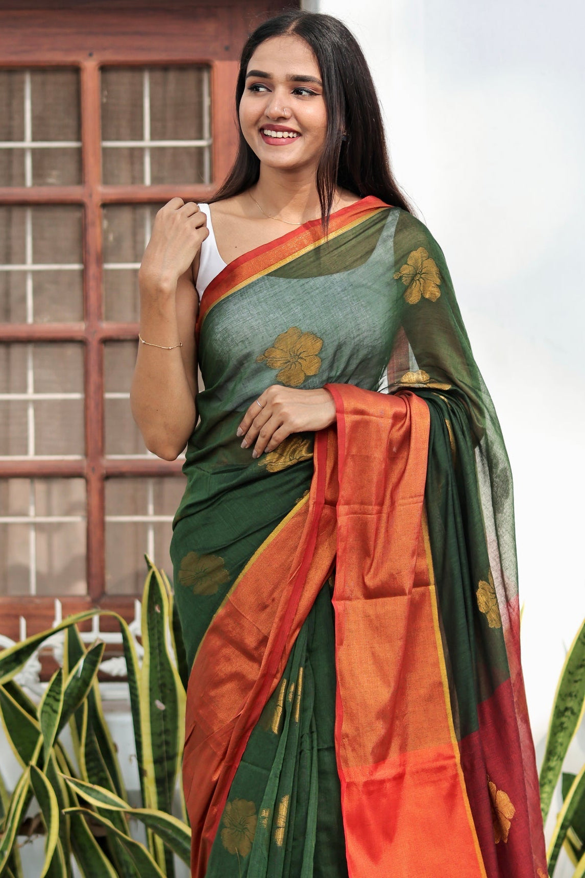 Green Hibiscus Gold Zari Thread Mulmul Cotton Saree with Blouse Piece