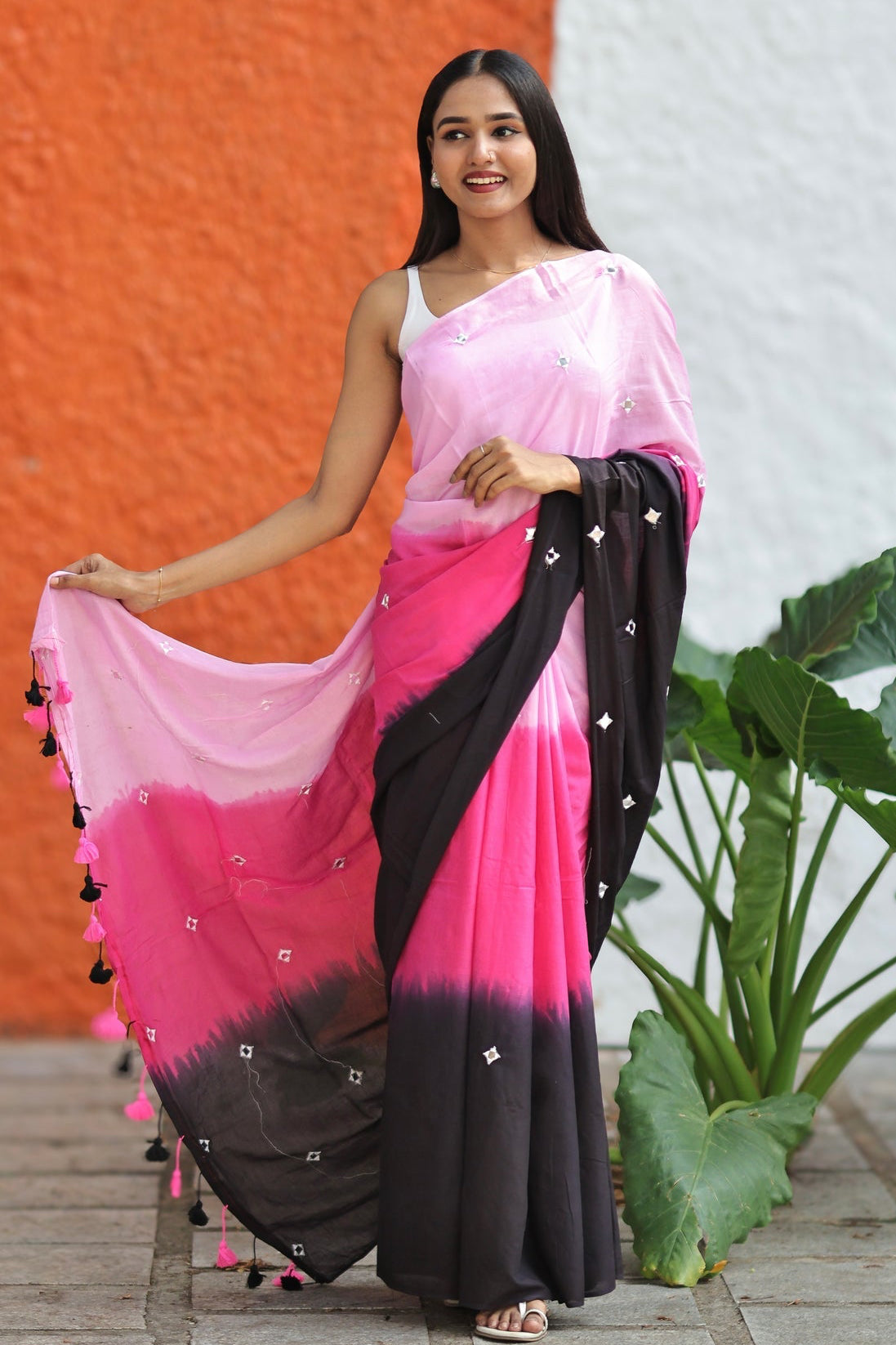 Multicolor pure Mul Mul cotton sarees with mirror work