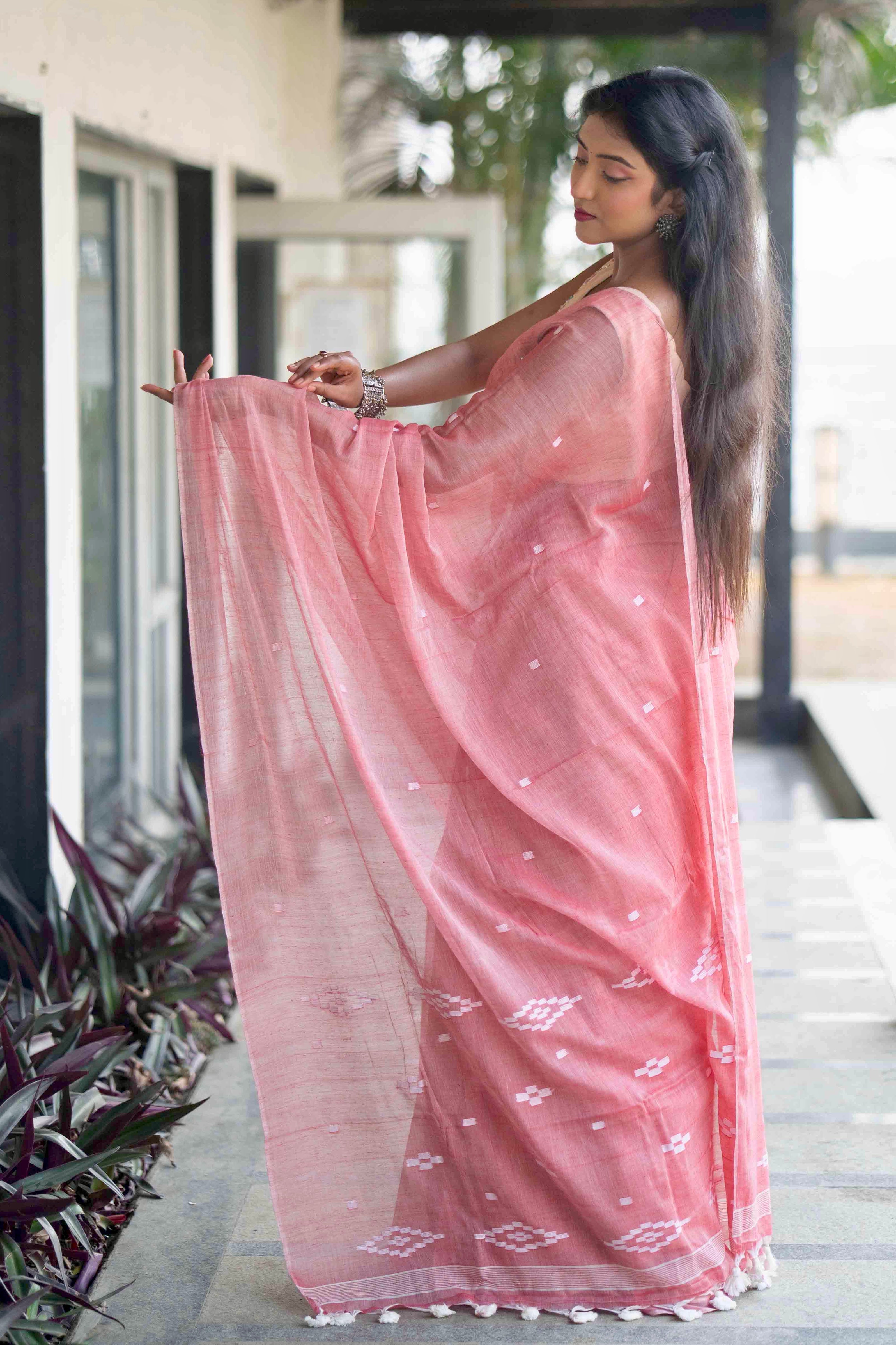 Rose Pink Hand Weaving Mul Mul Cotton Saree