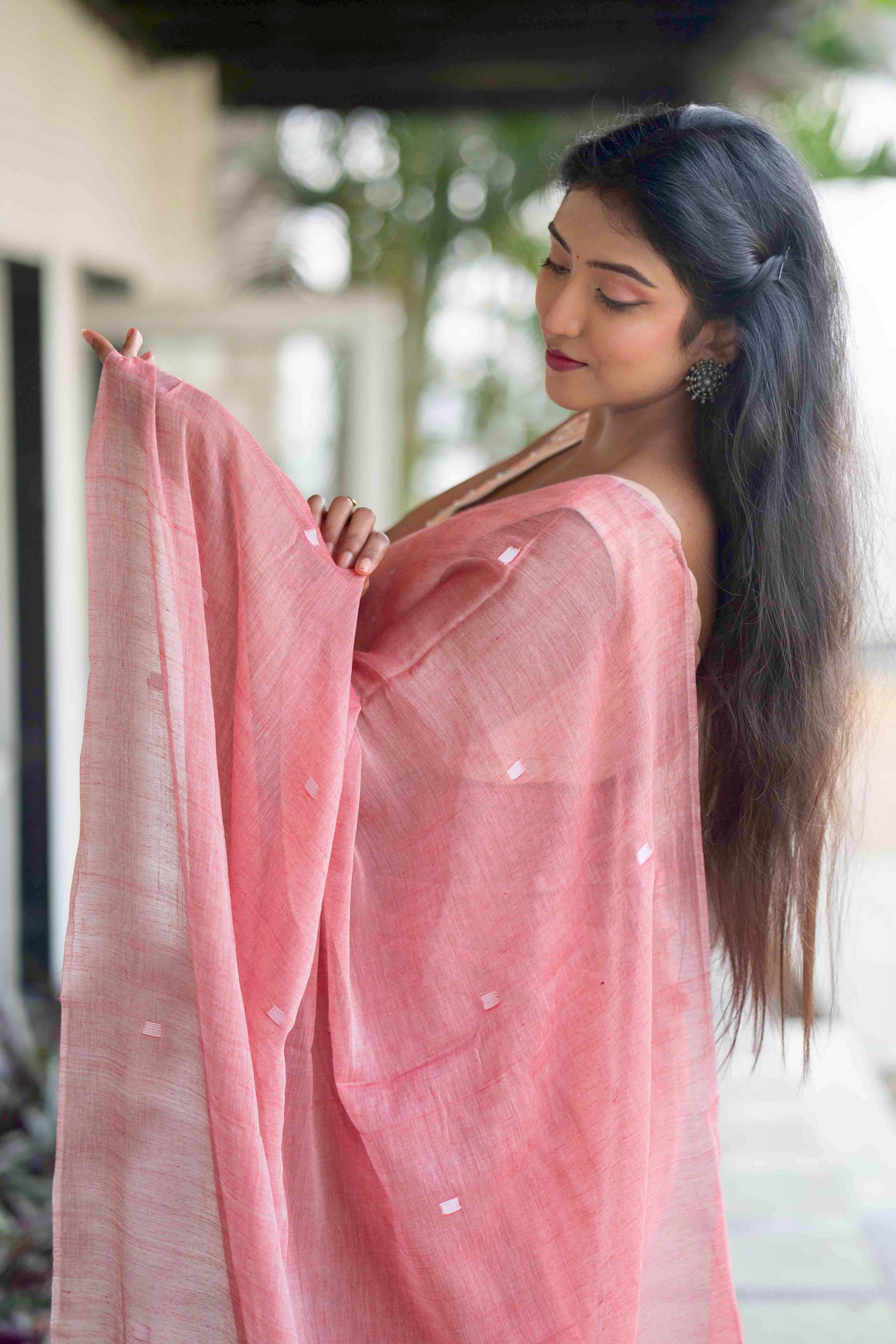 Rose Pink Hand Weaving Mul Mul Cotton Saree