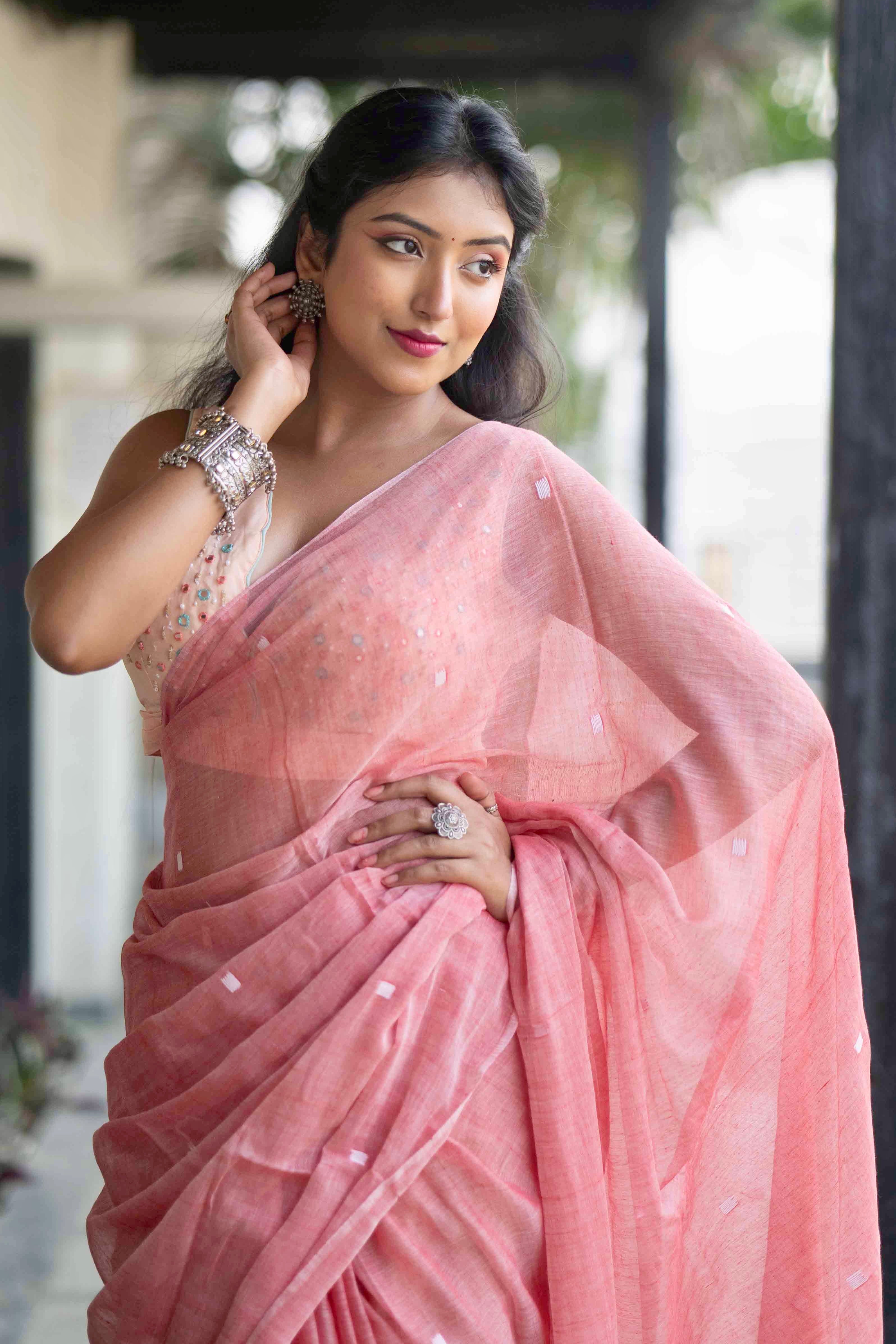 Rose Pink Hand Weaving Mul Mul Cotton Saree