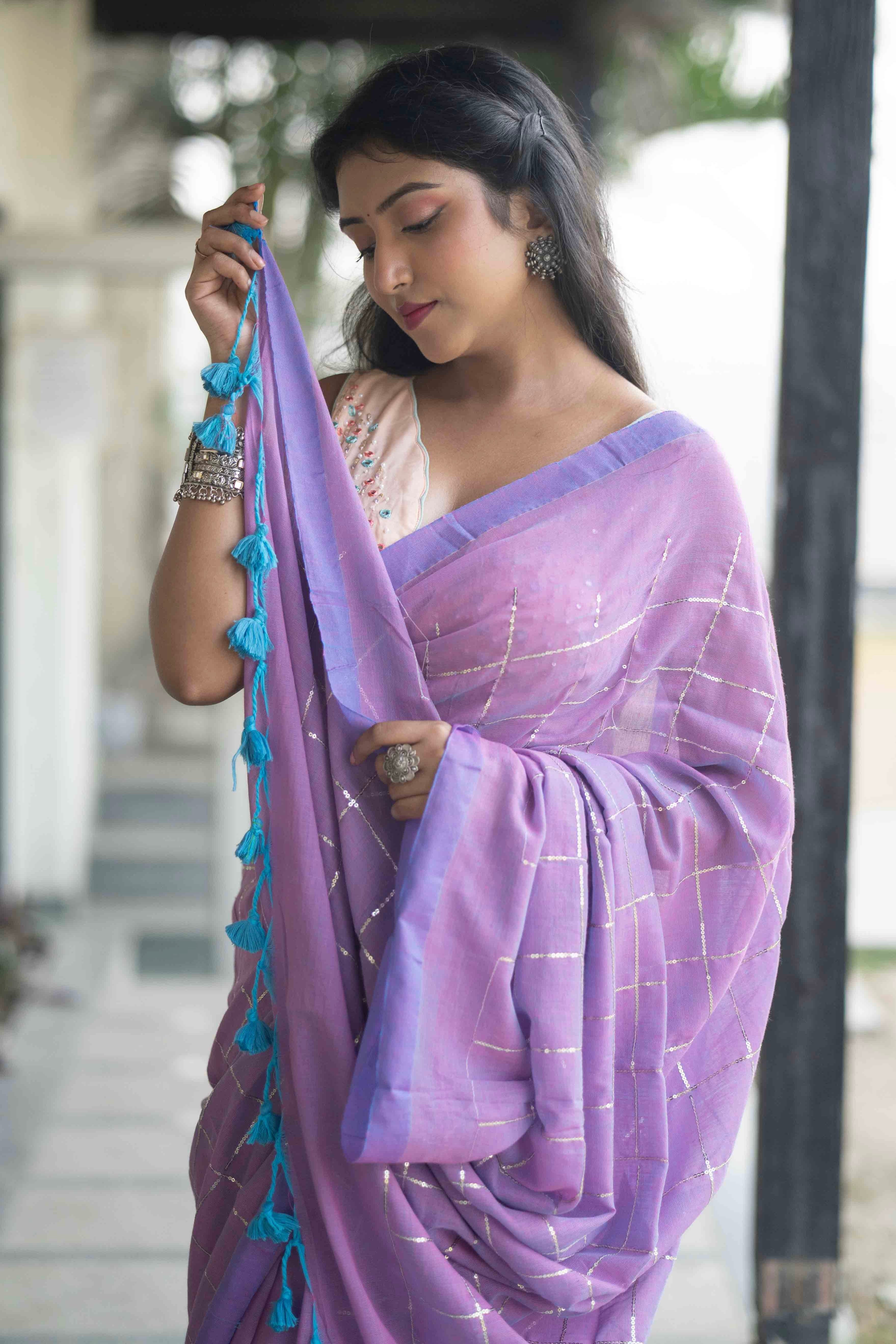 Sunset purple pure soft cotton sequence work saree