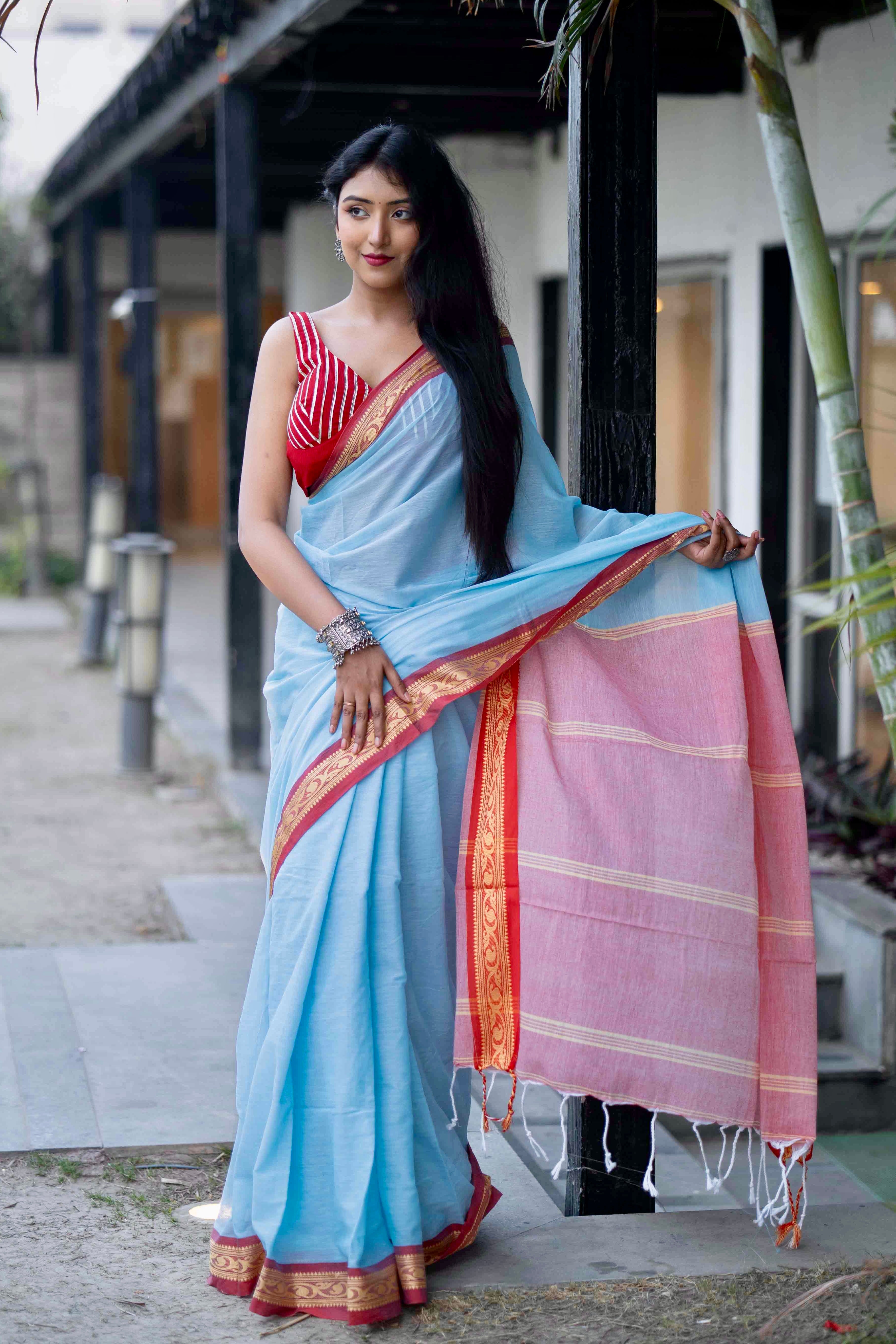 Blue Handwoven Mulmul Cotton Saree