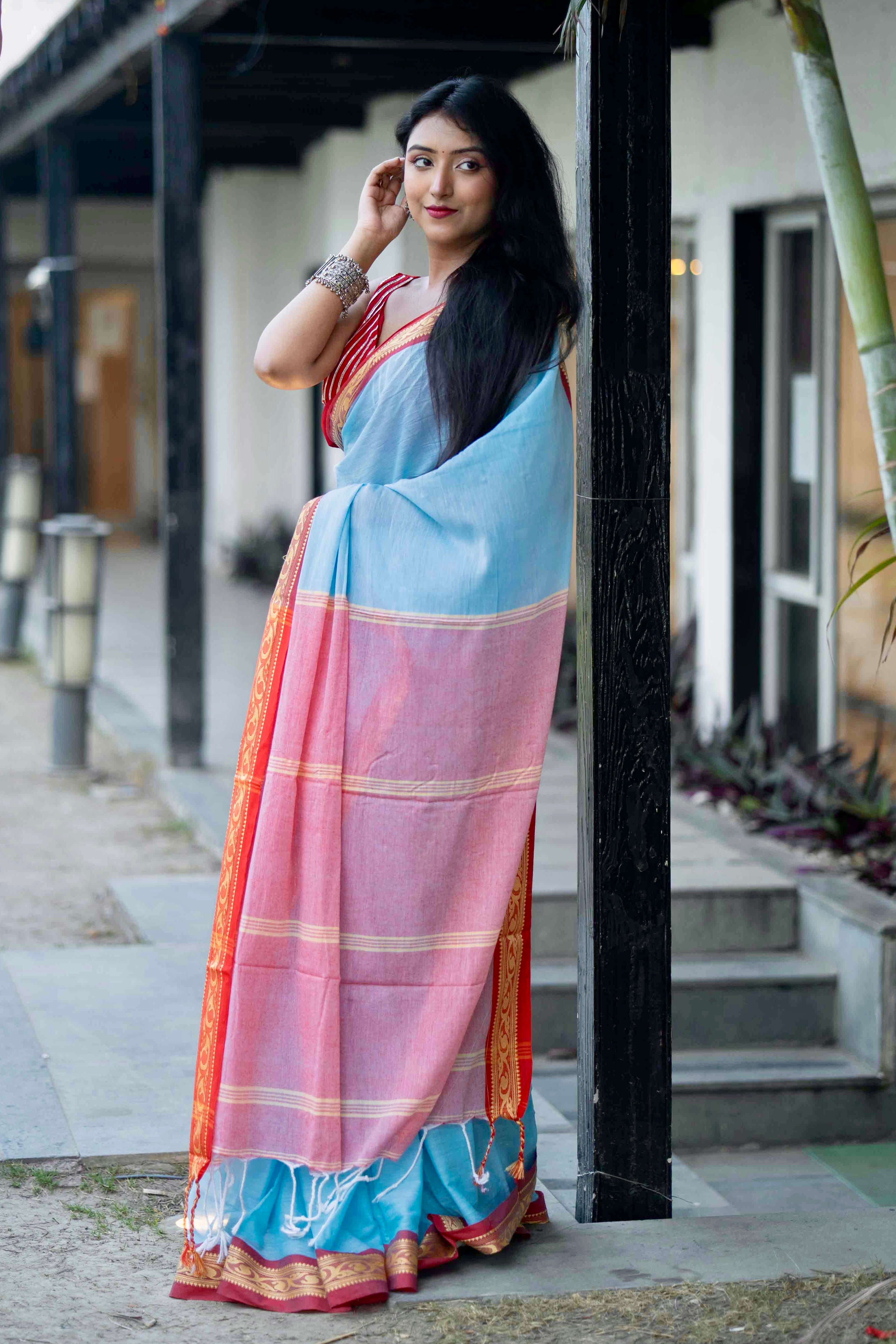 Blue Handwoven Mulmul Cotton Saree