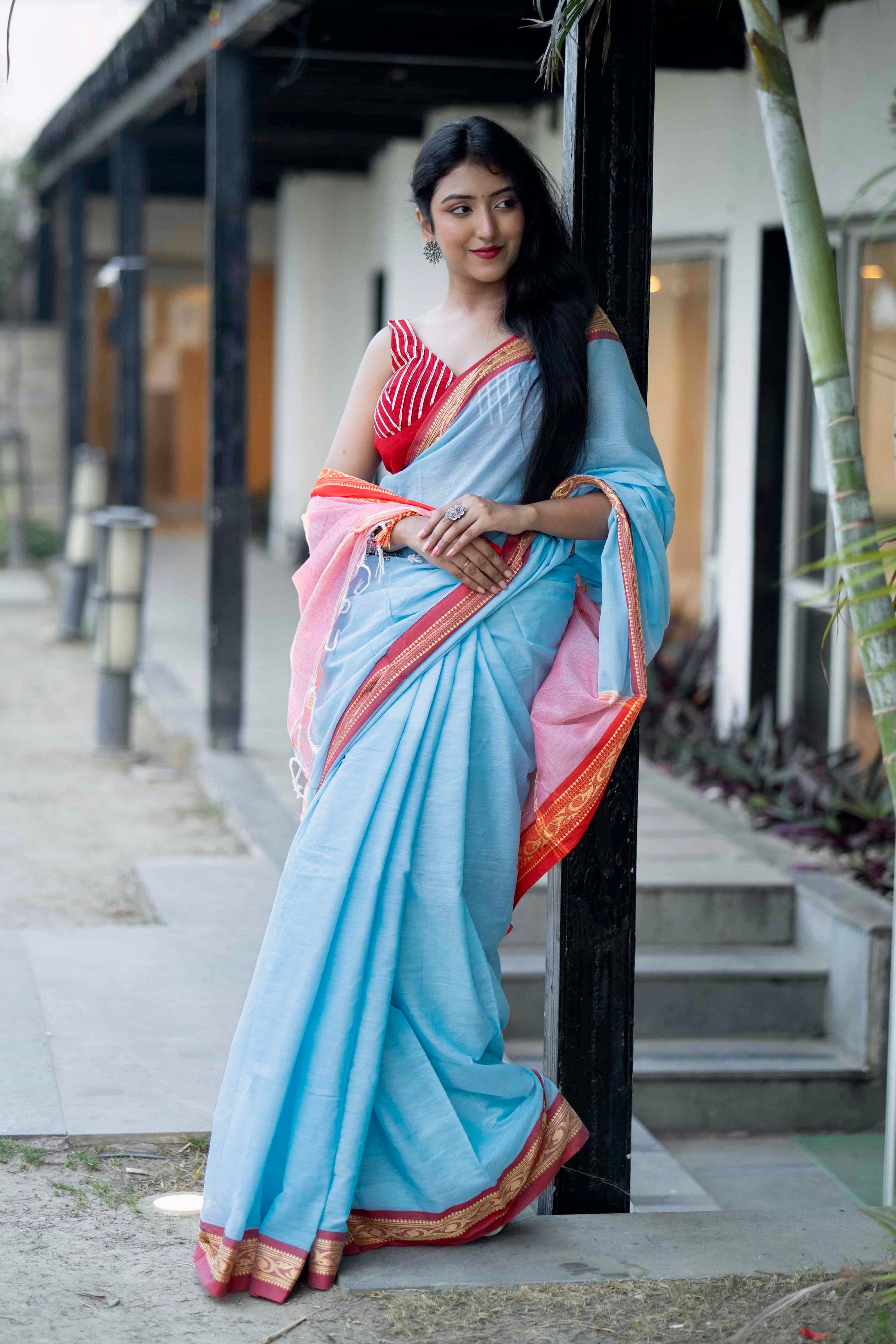 Blue Handwoven Mulmul Cotton Saree