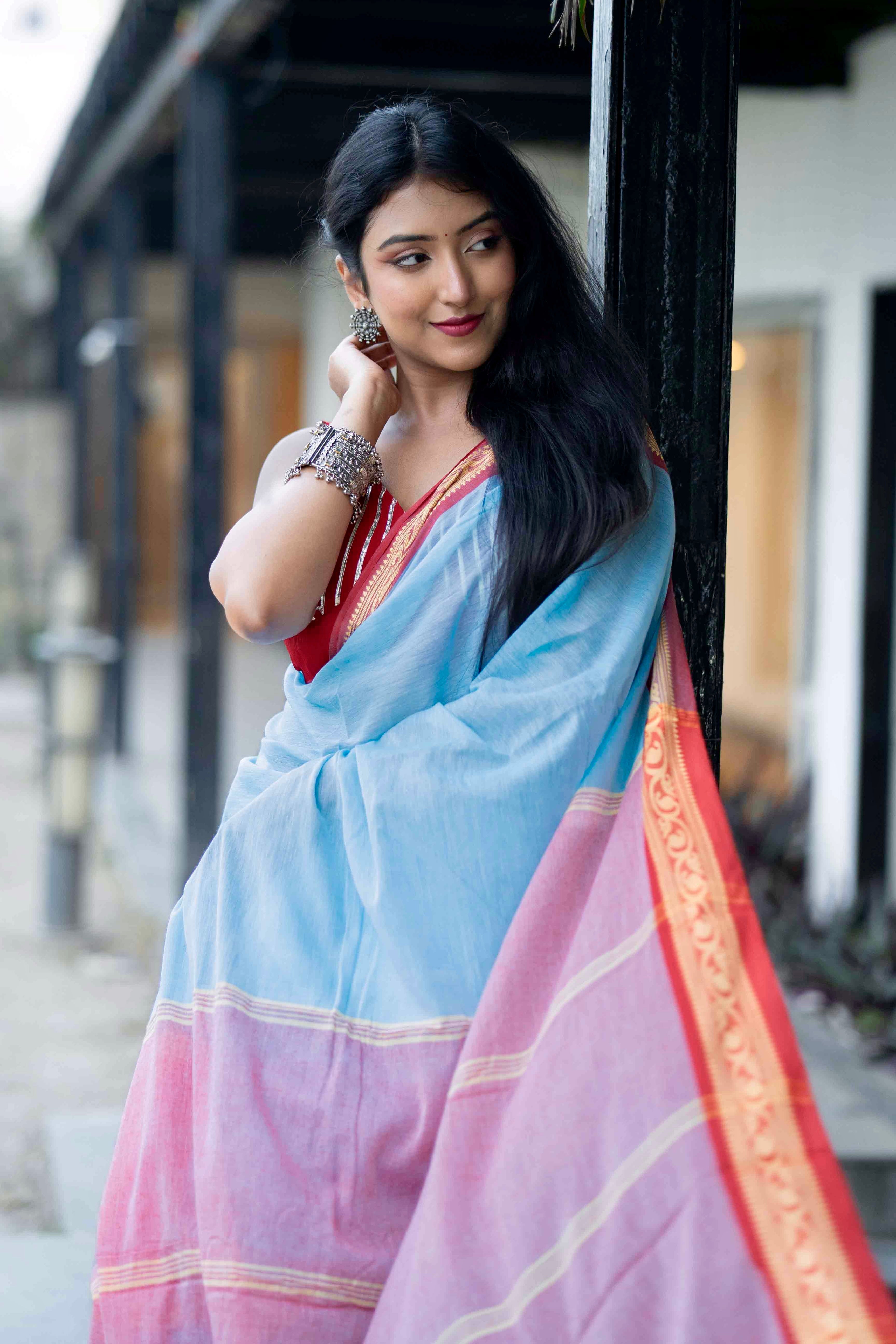 Blue Handwoven Mulmul Cotton Saree