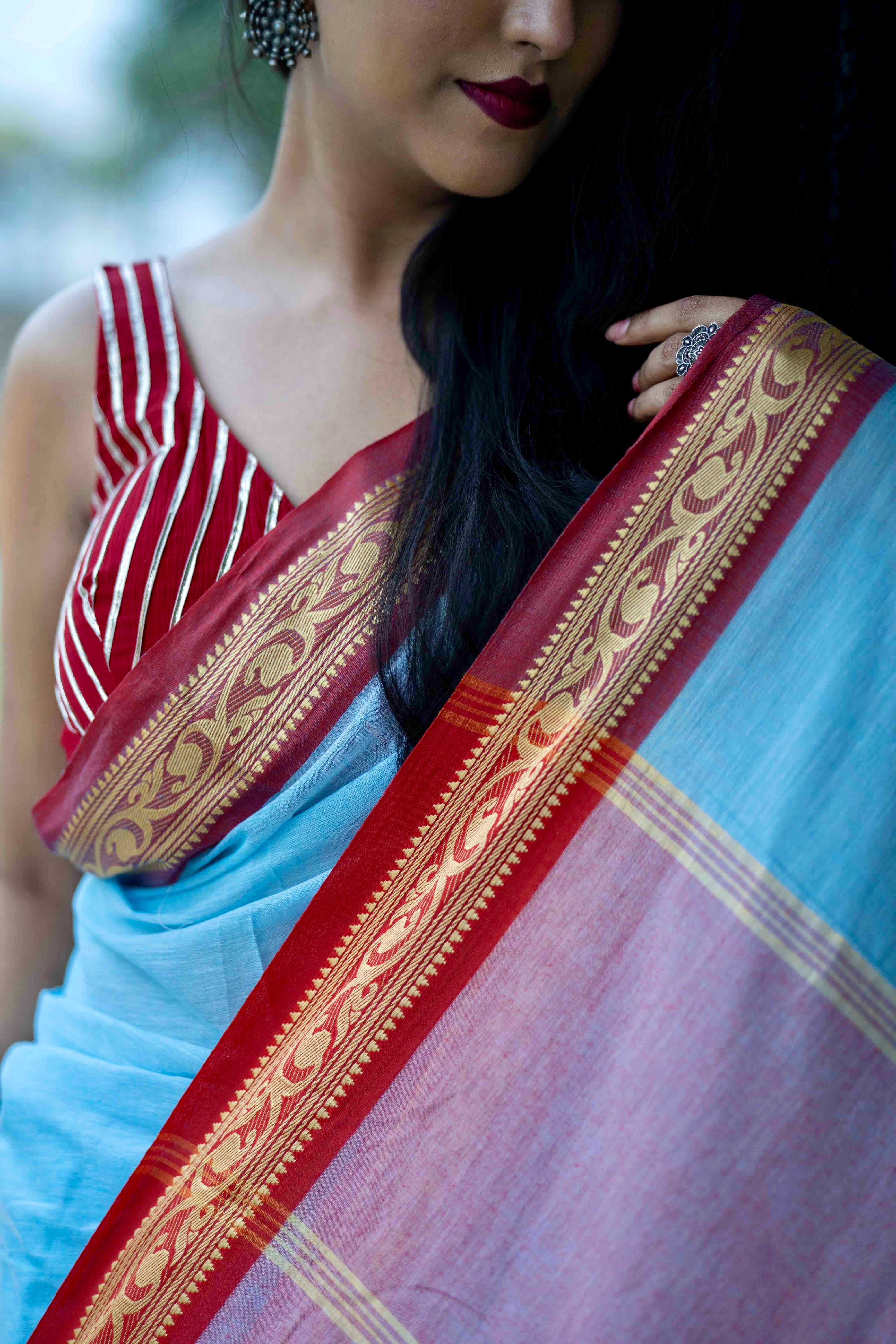 Blue Handwoven Mulmul Cotton Saree