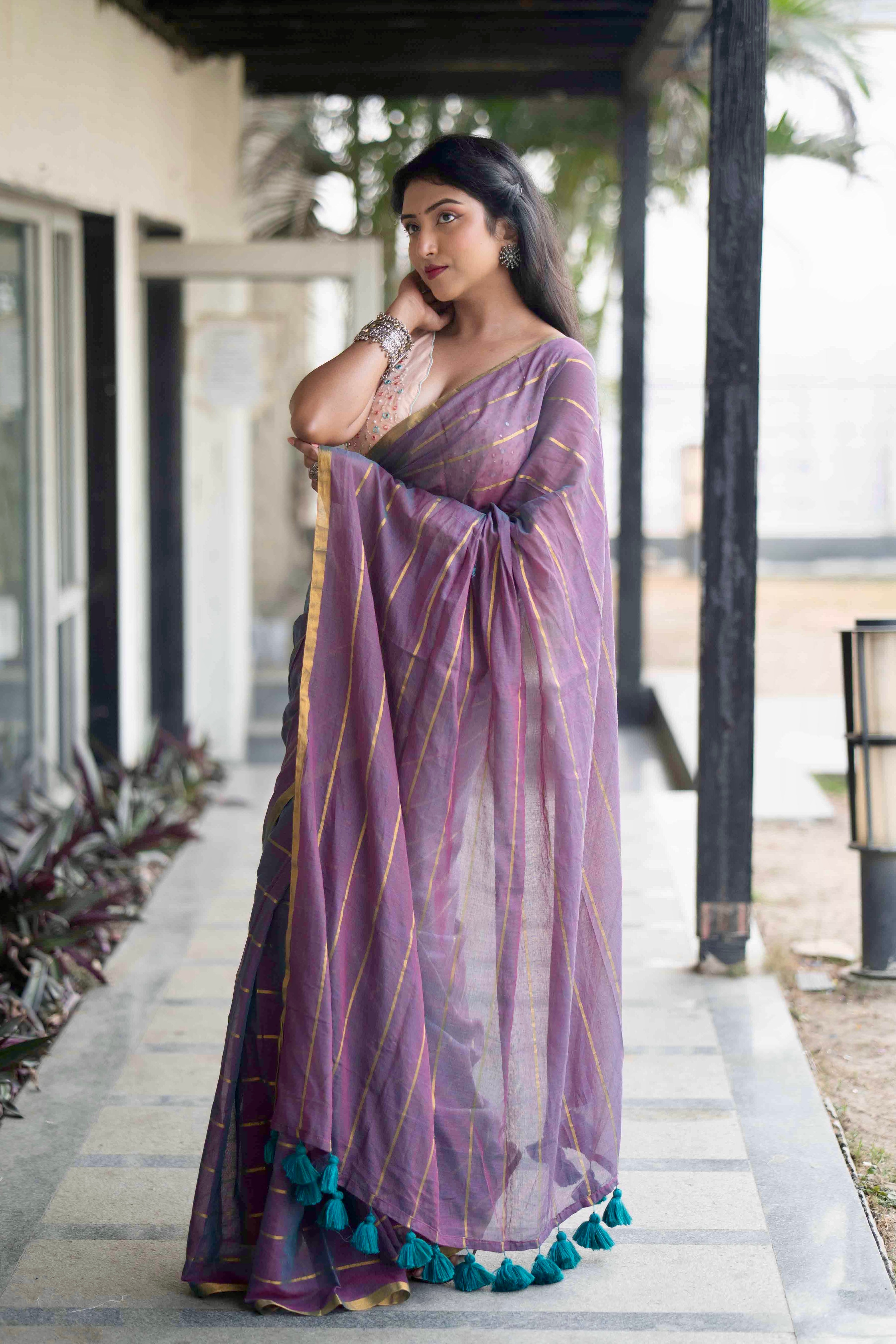African violet golden stripes Mulmul Cotton Saree
