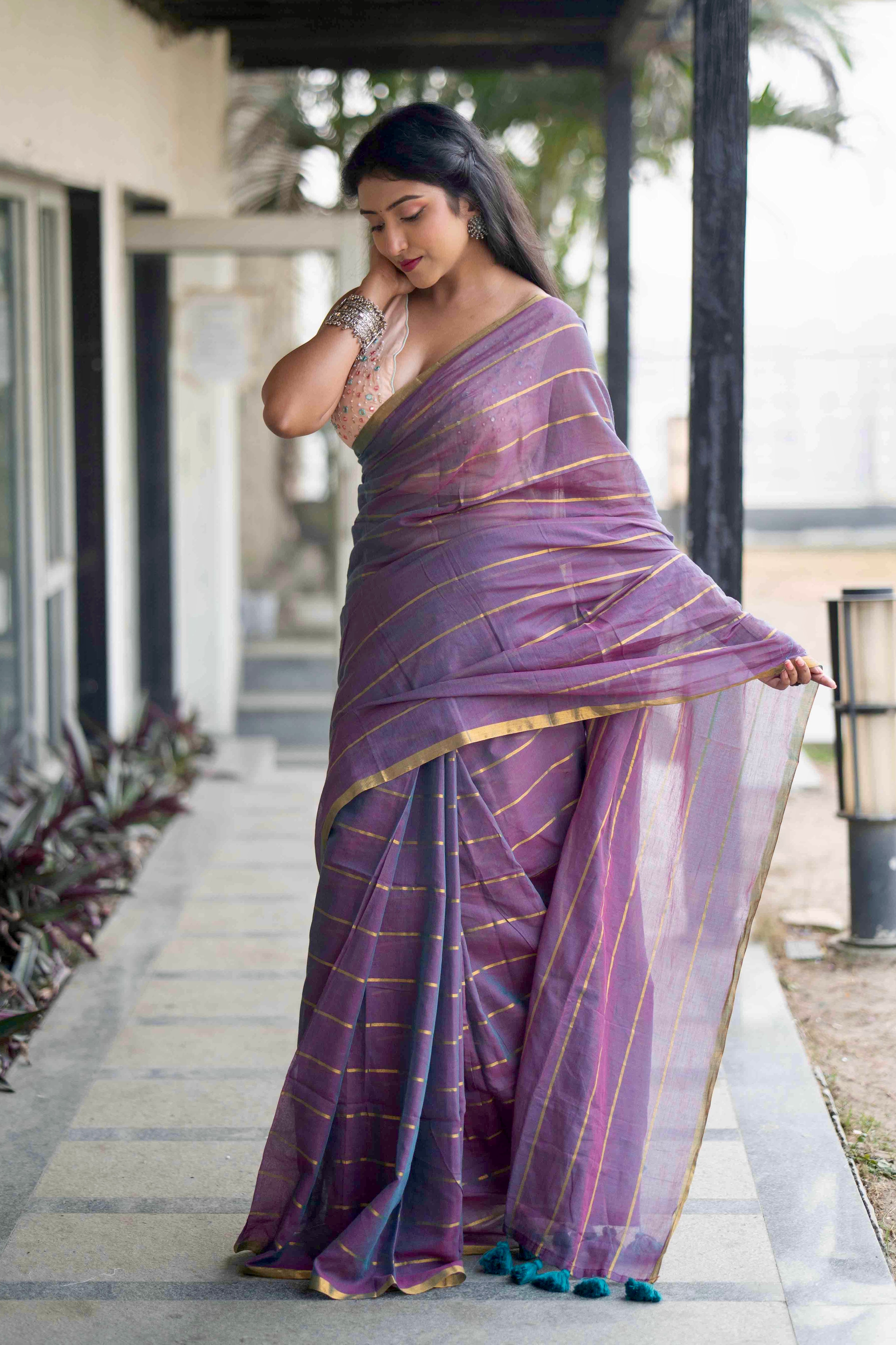 African violet golden stripes Mulmul Cotton Saree