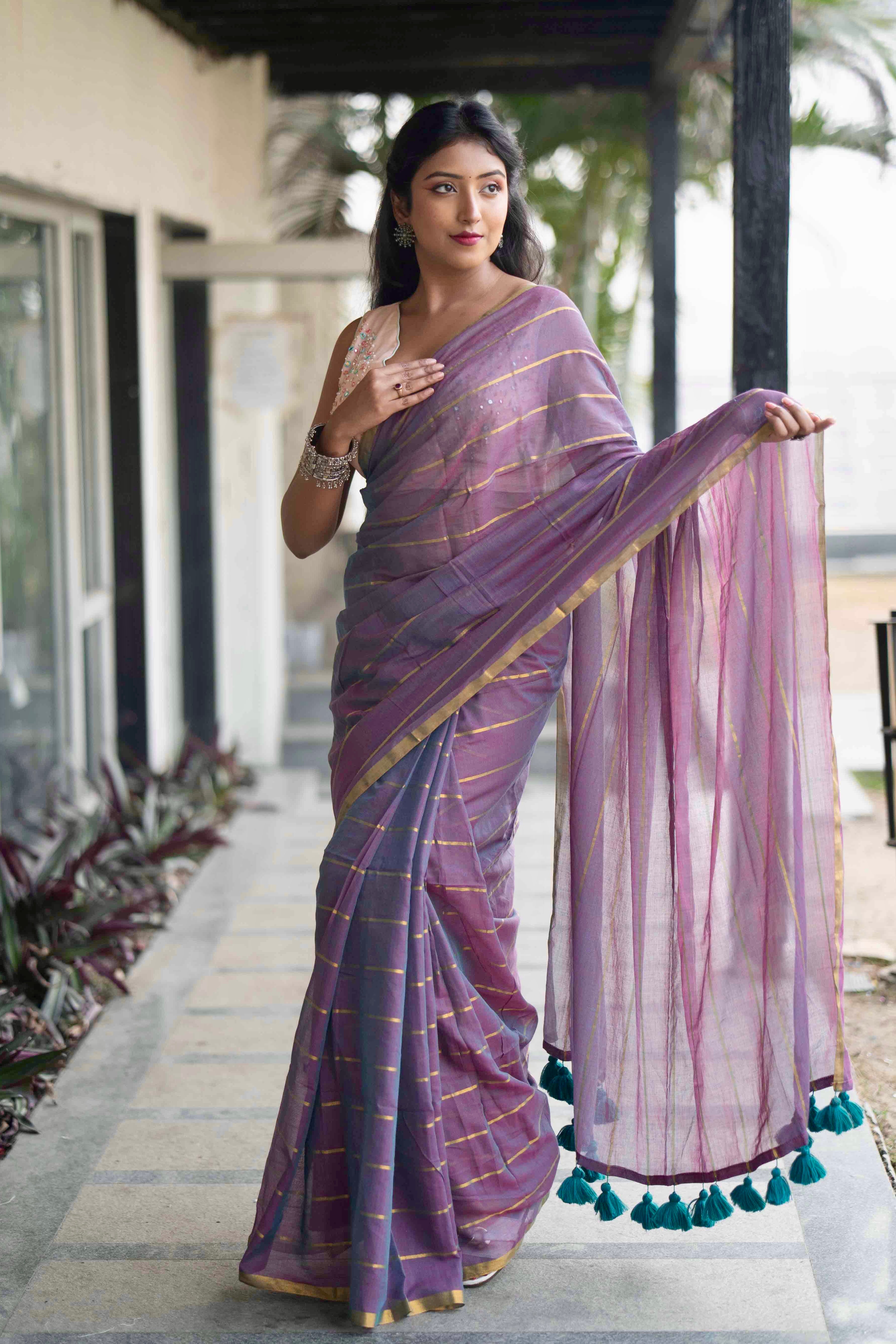 African violet golden stripes Mulmul Cotton Saree