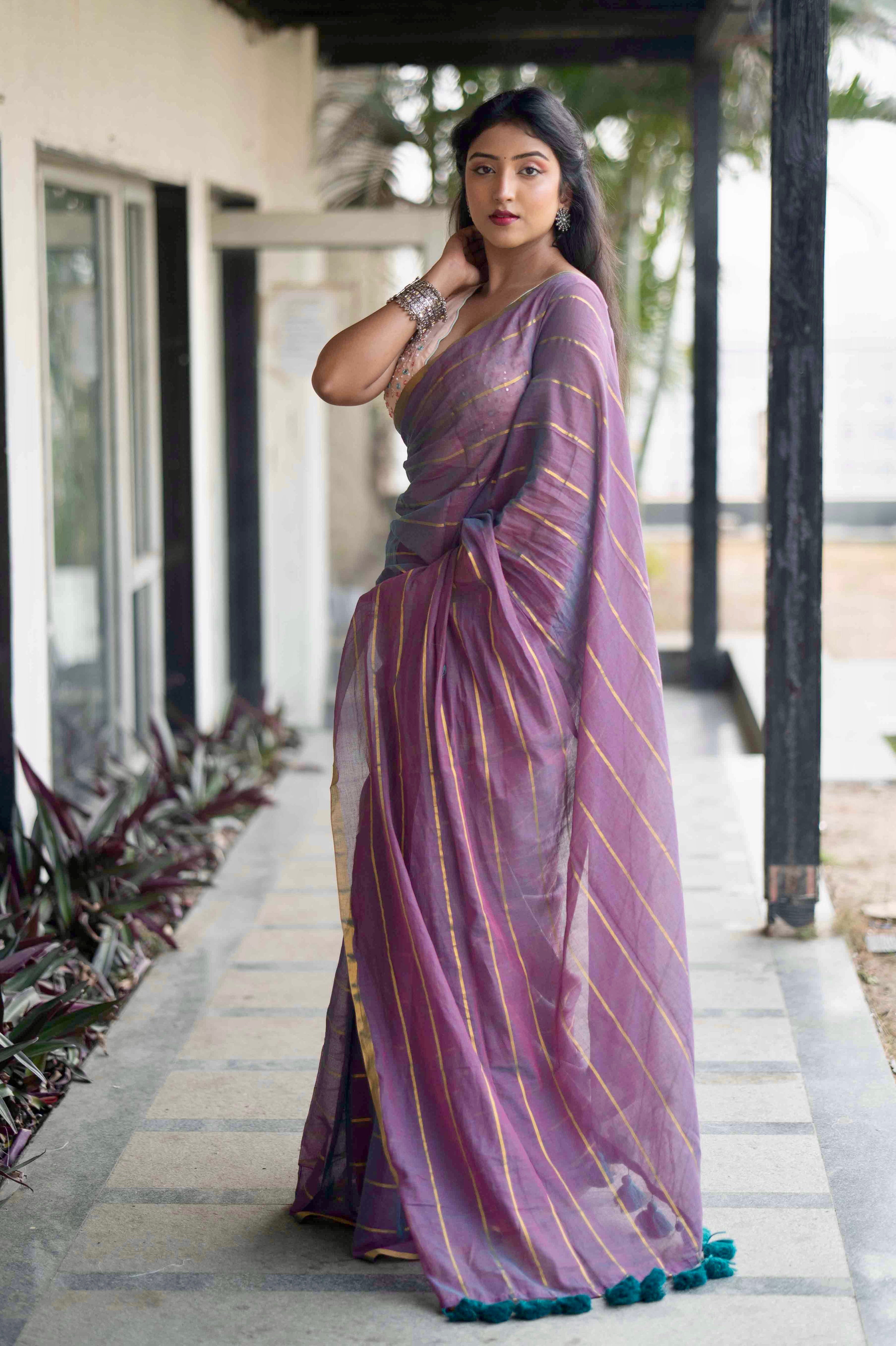 African violet golden stripes Mulmul Cotton Saree