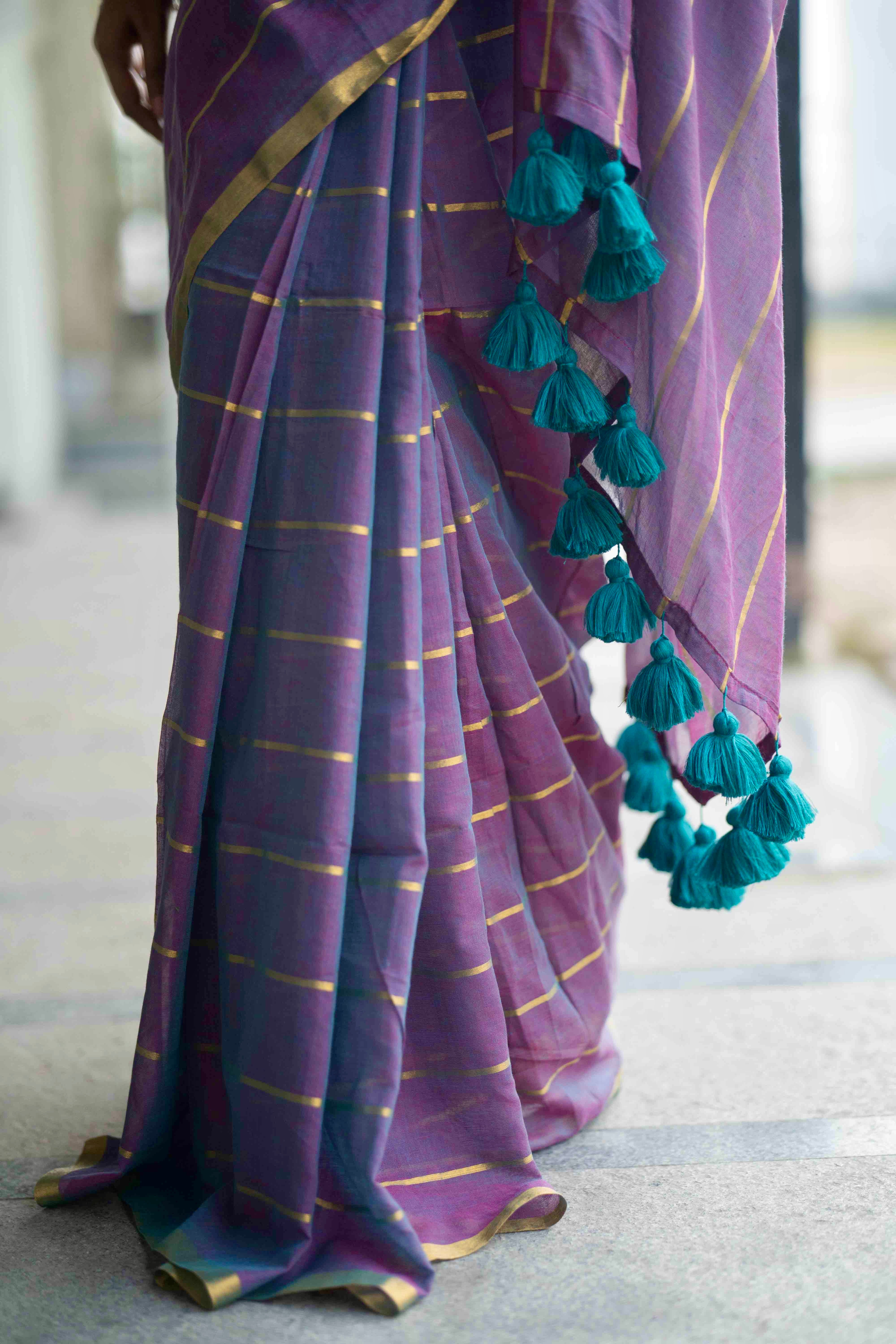 African violet golden stripes Mulmul Cotton Saree