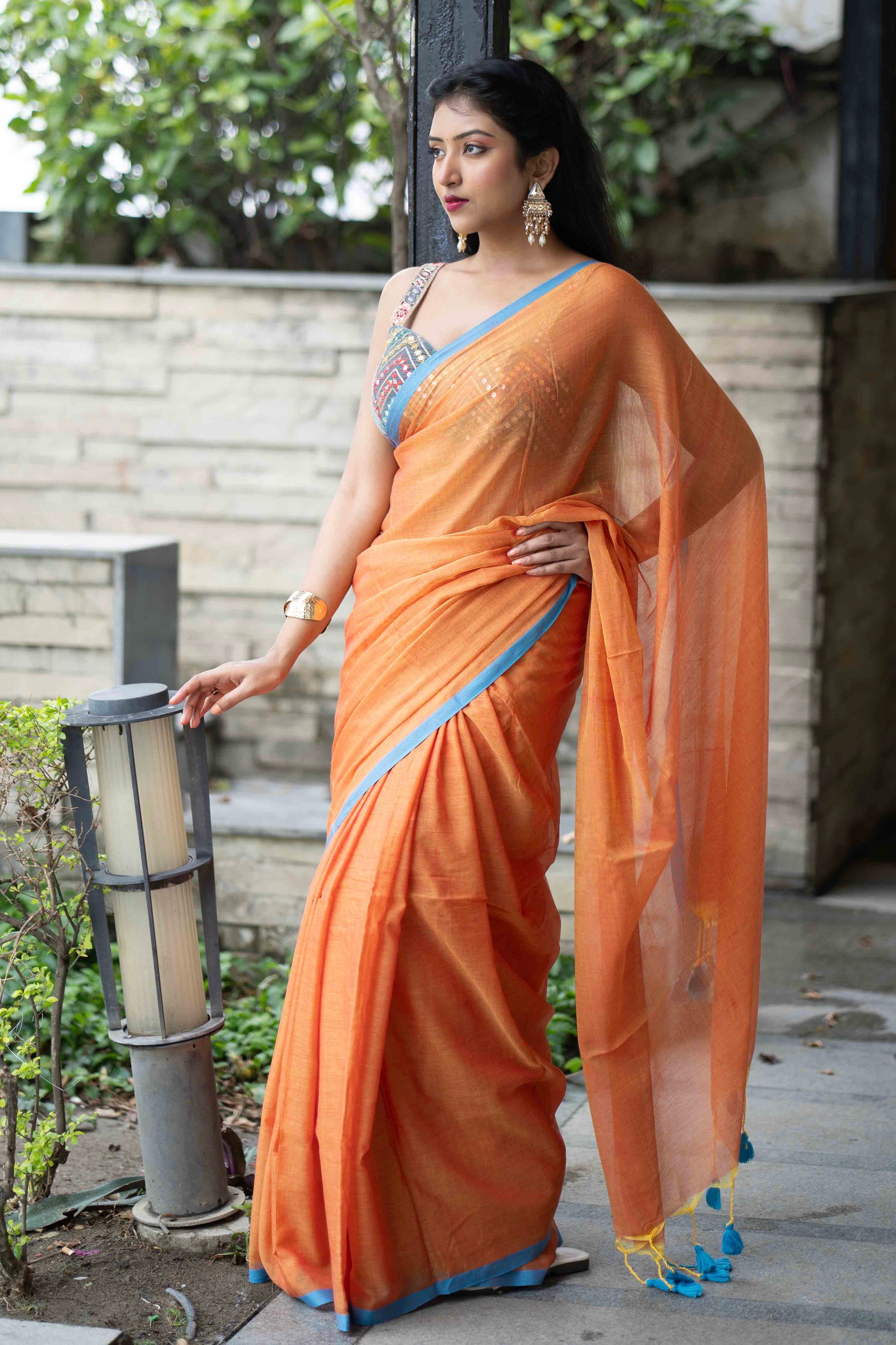 Orange Pure Mulmul Cotton Saree with blouse piece