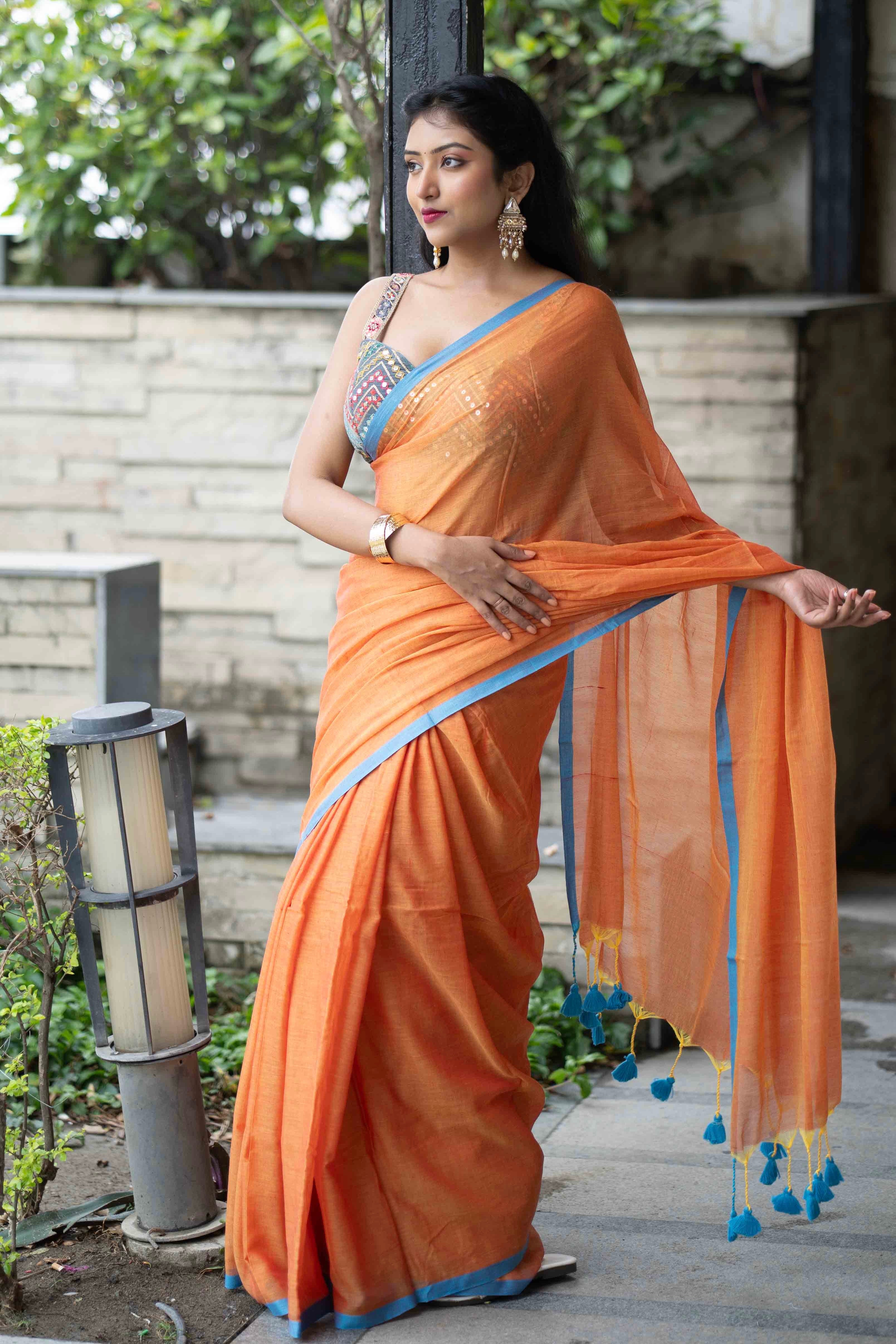 Orange Pure Mulmul Cotton Saree with blouse piece
