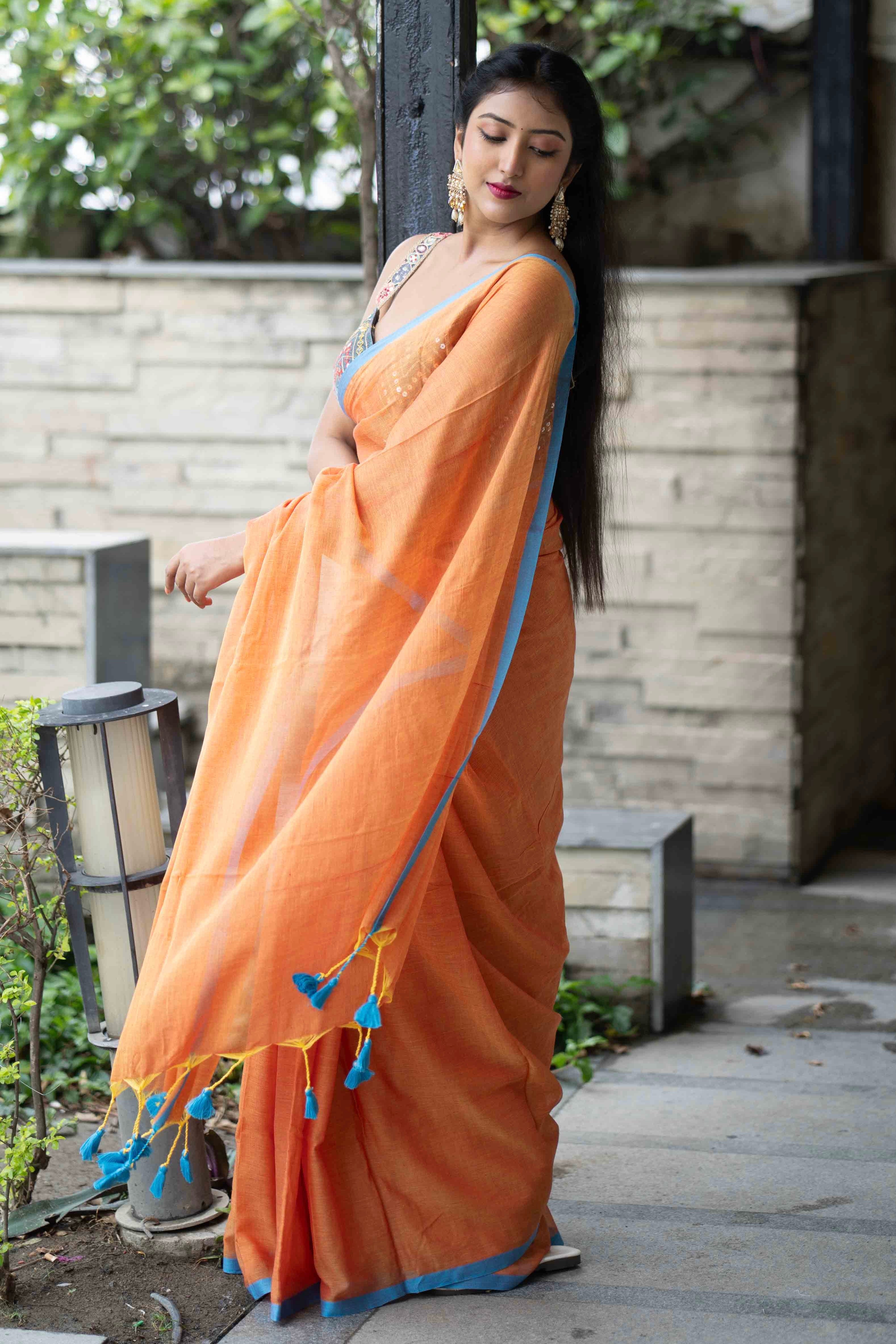 Orange Pure Mulmul Cotton Saree with blouse piece