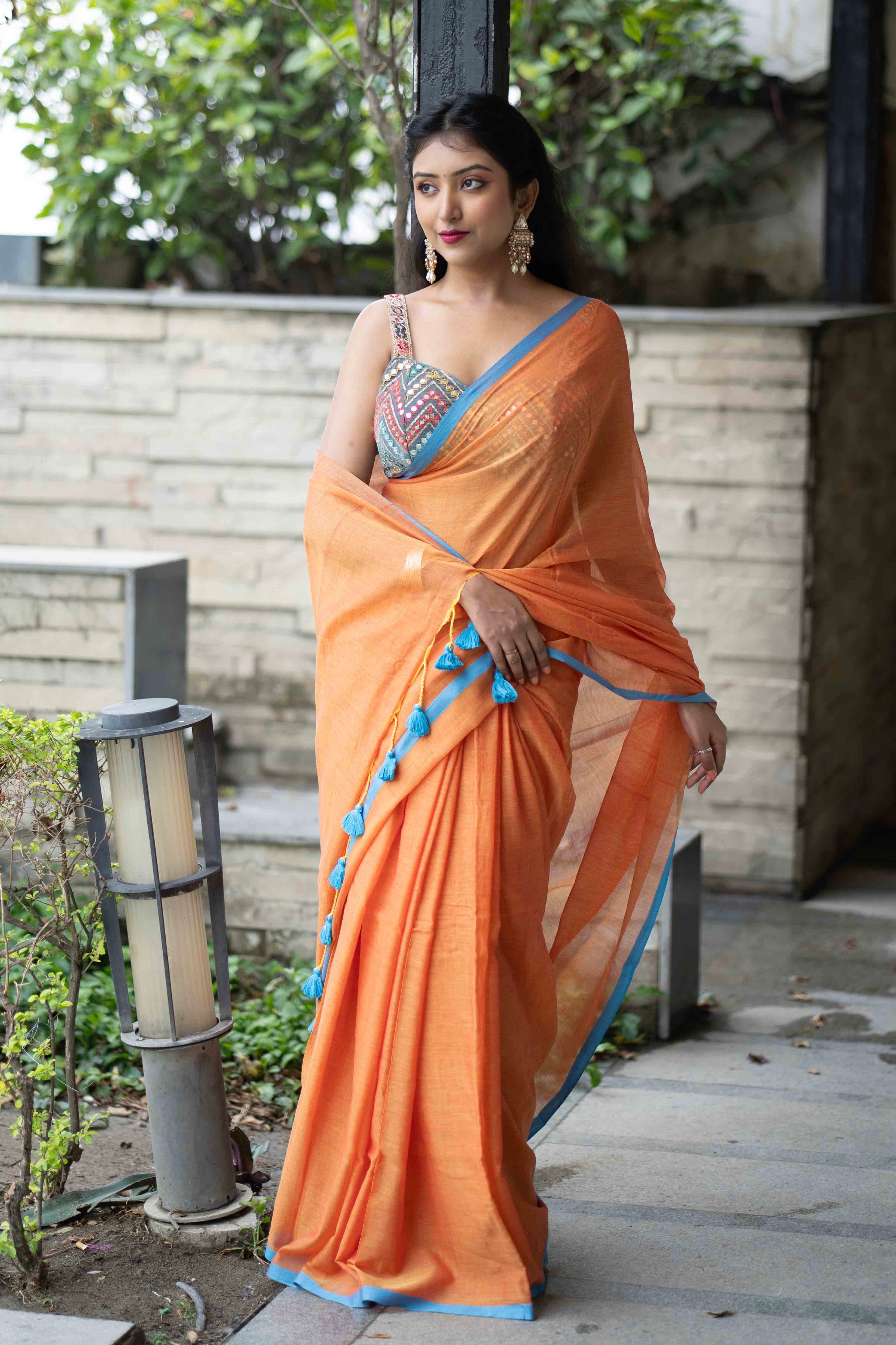 Orange Pure Mulmul Cotton Saree with blouse piece