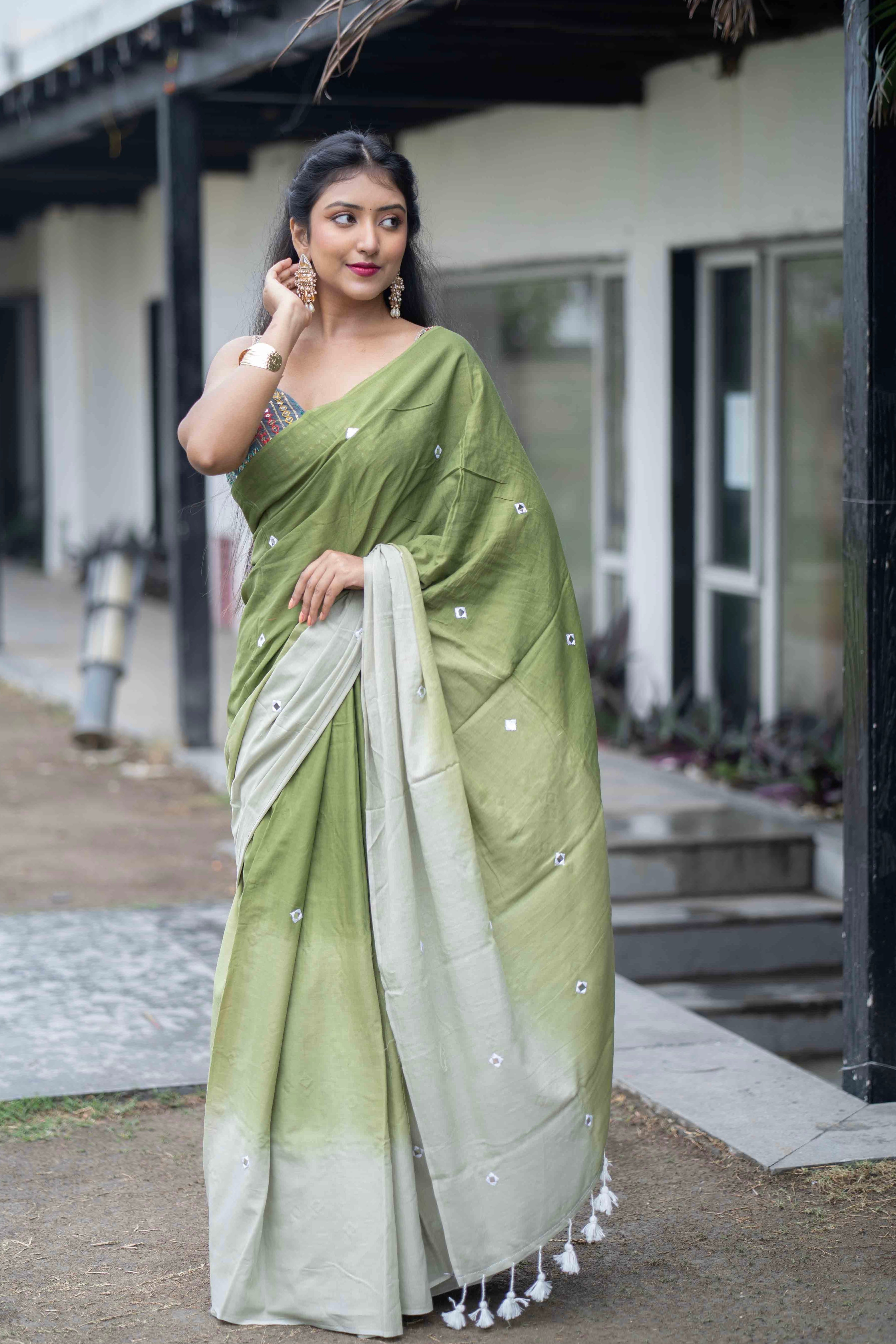 Pure Mul Cotton Mirror Work Saree