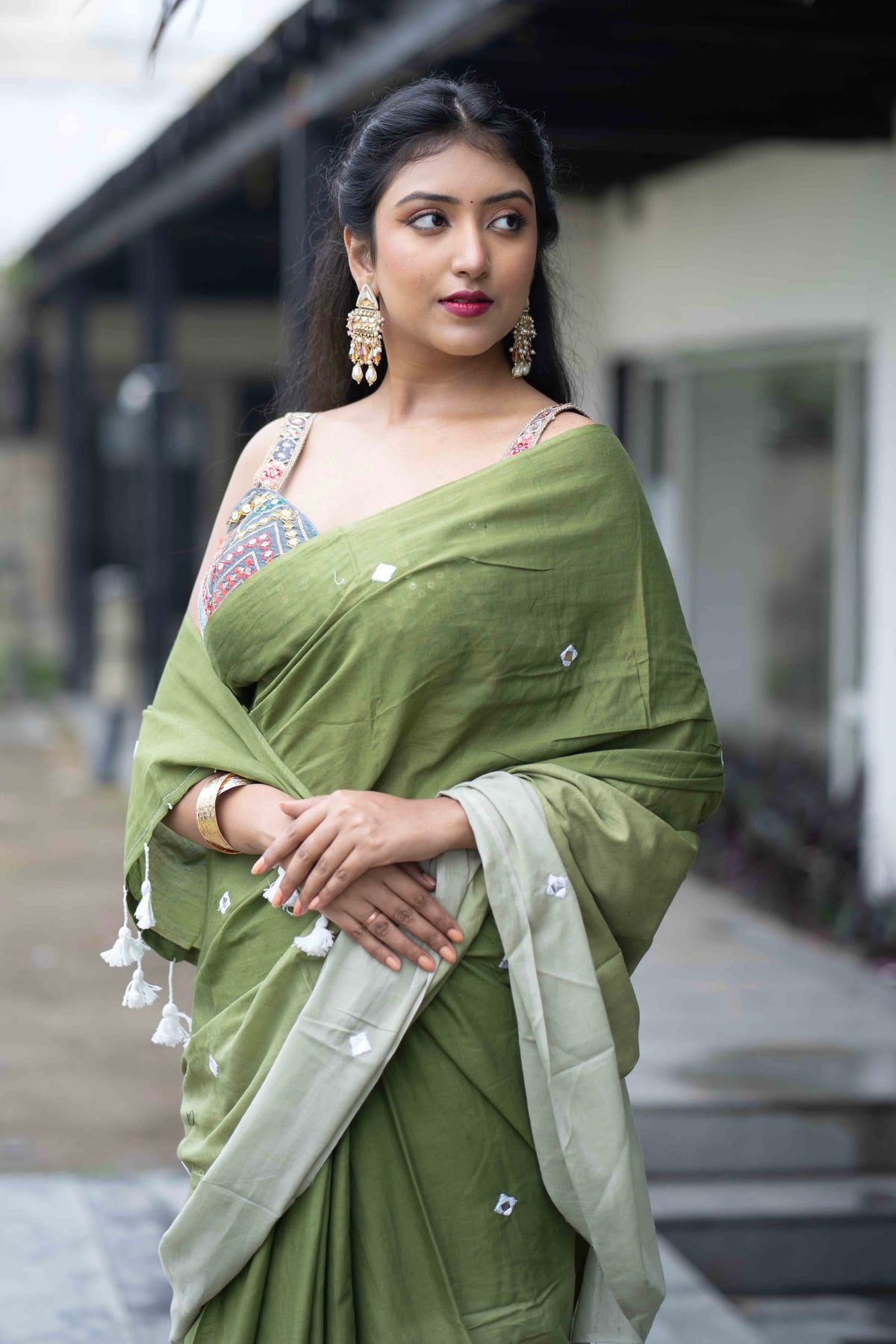 Pure Mul Cotton Mirror Work Saree