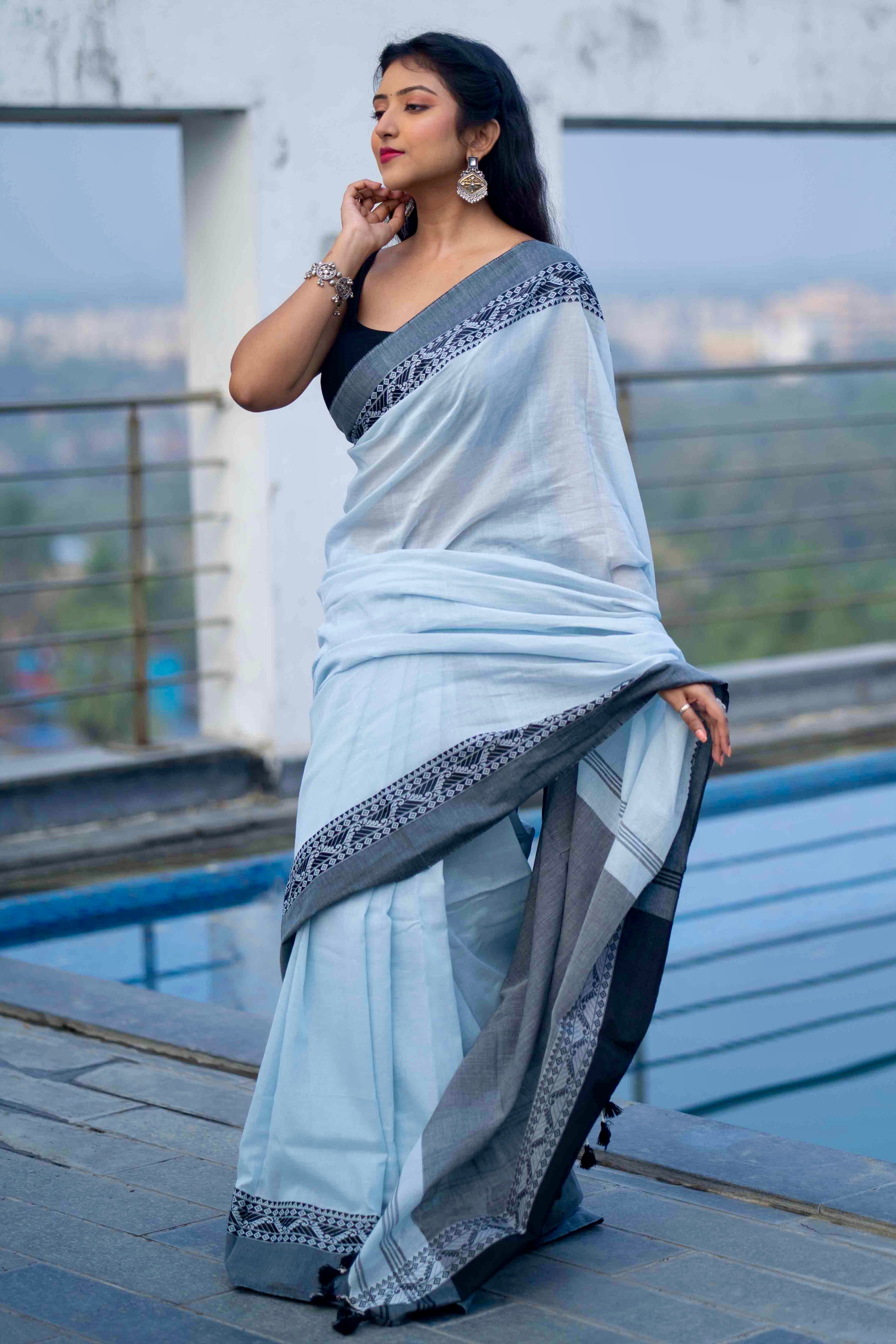 Light blue Mul Mul Cotton Saree with blouse piece