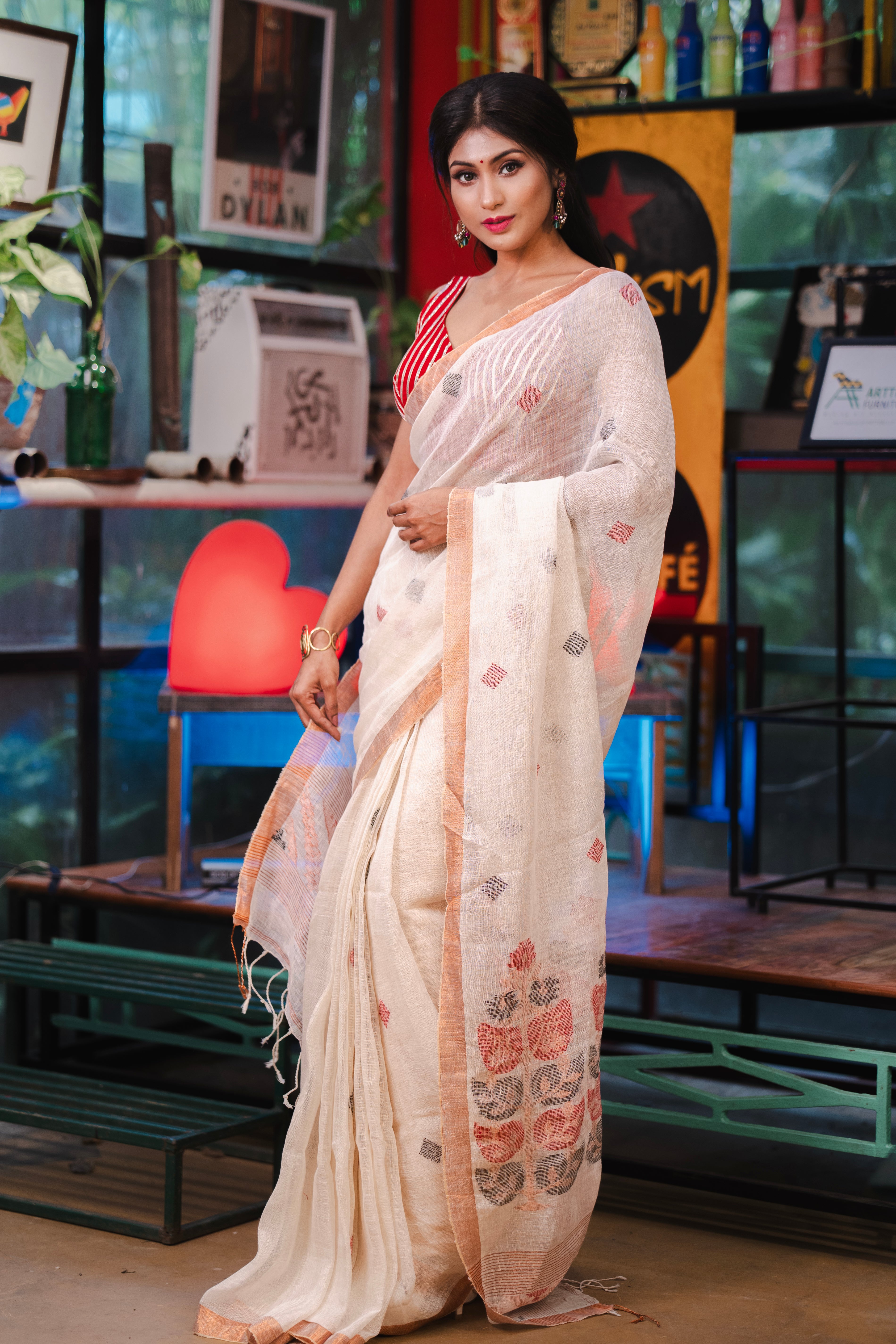 White floral pure linen handwoven saree