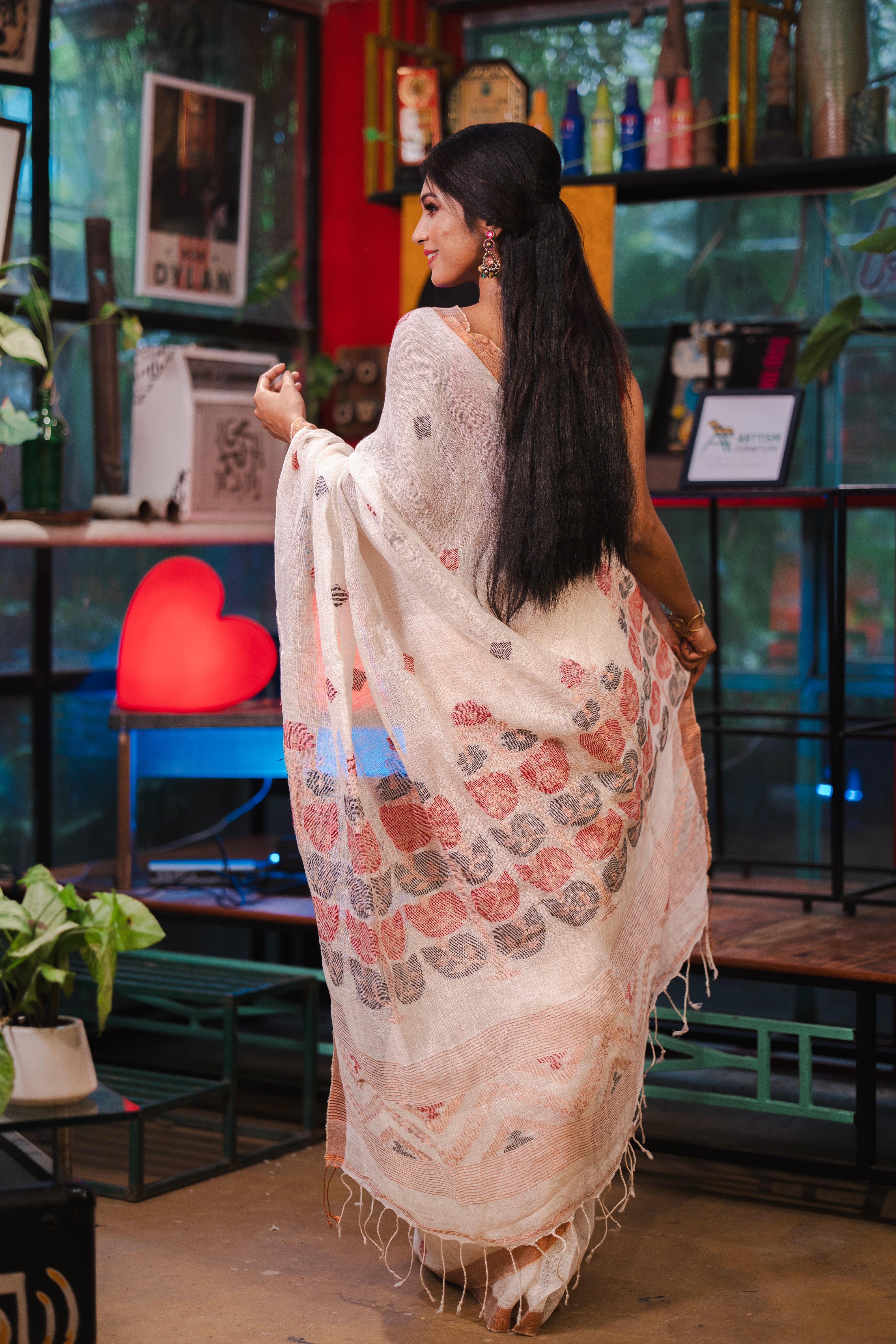 White floral pure linen handwoven saree