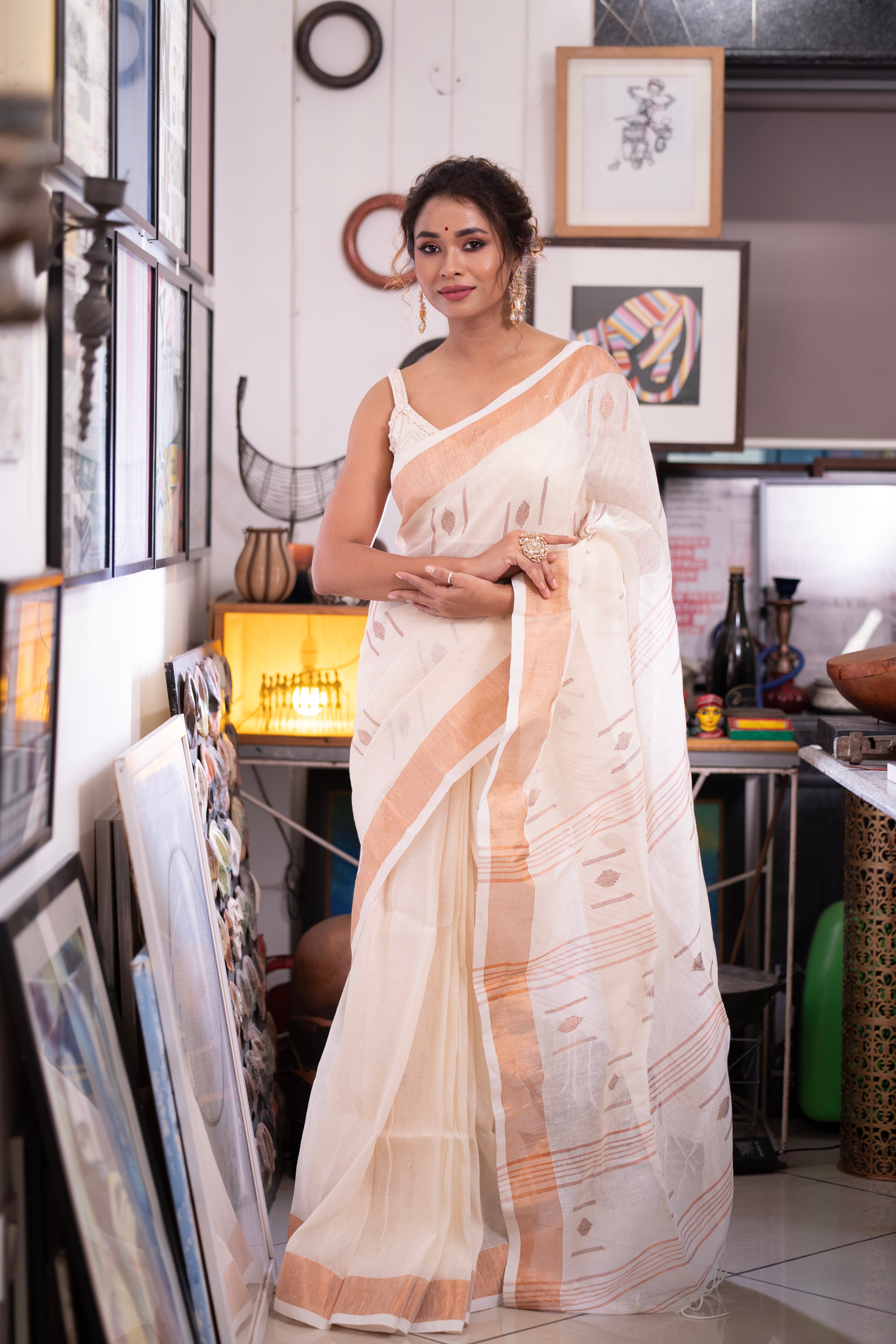 White pure linen hand woven saree