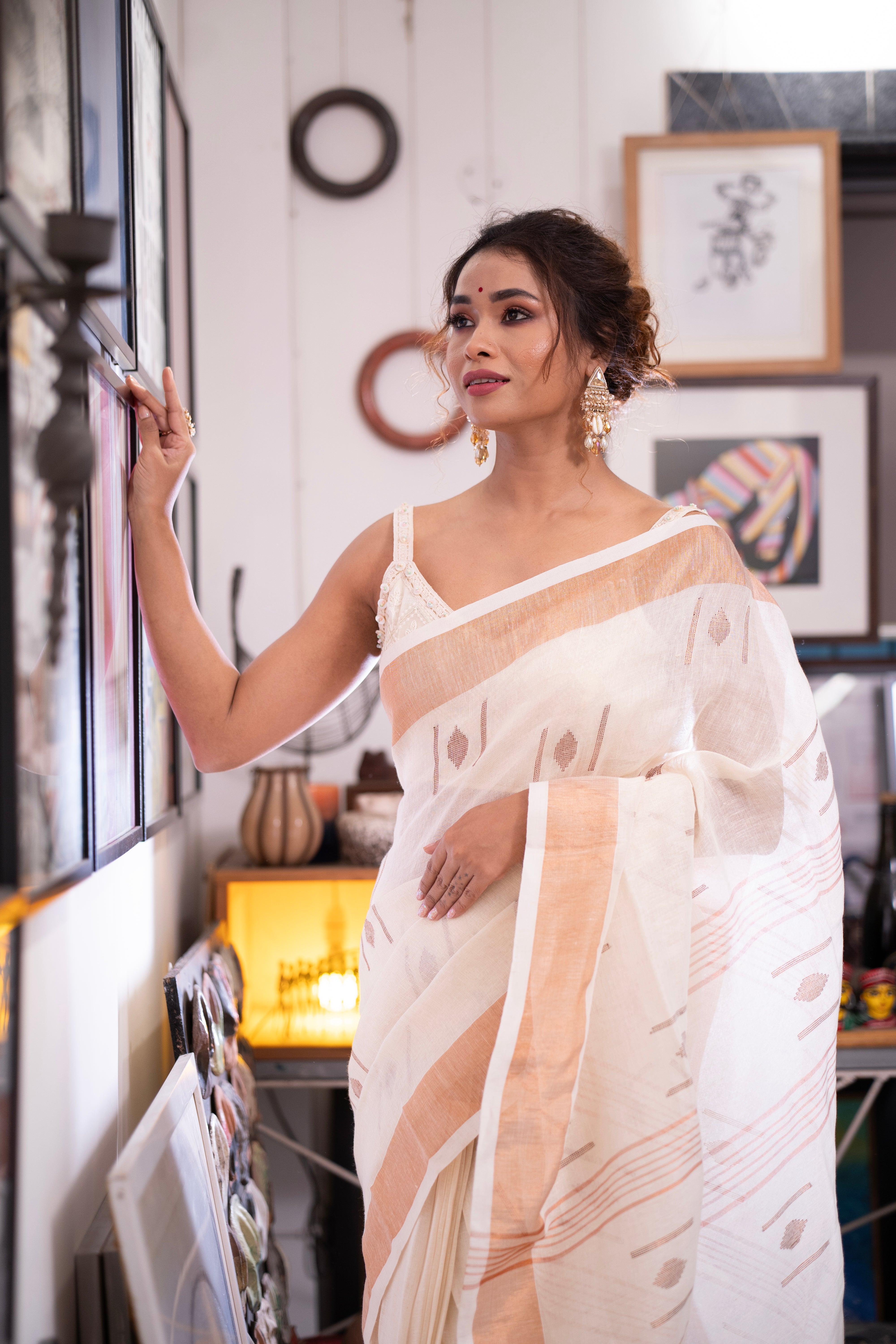 White pure linen hand woven saree