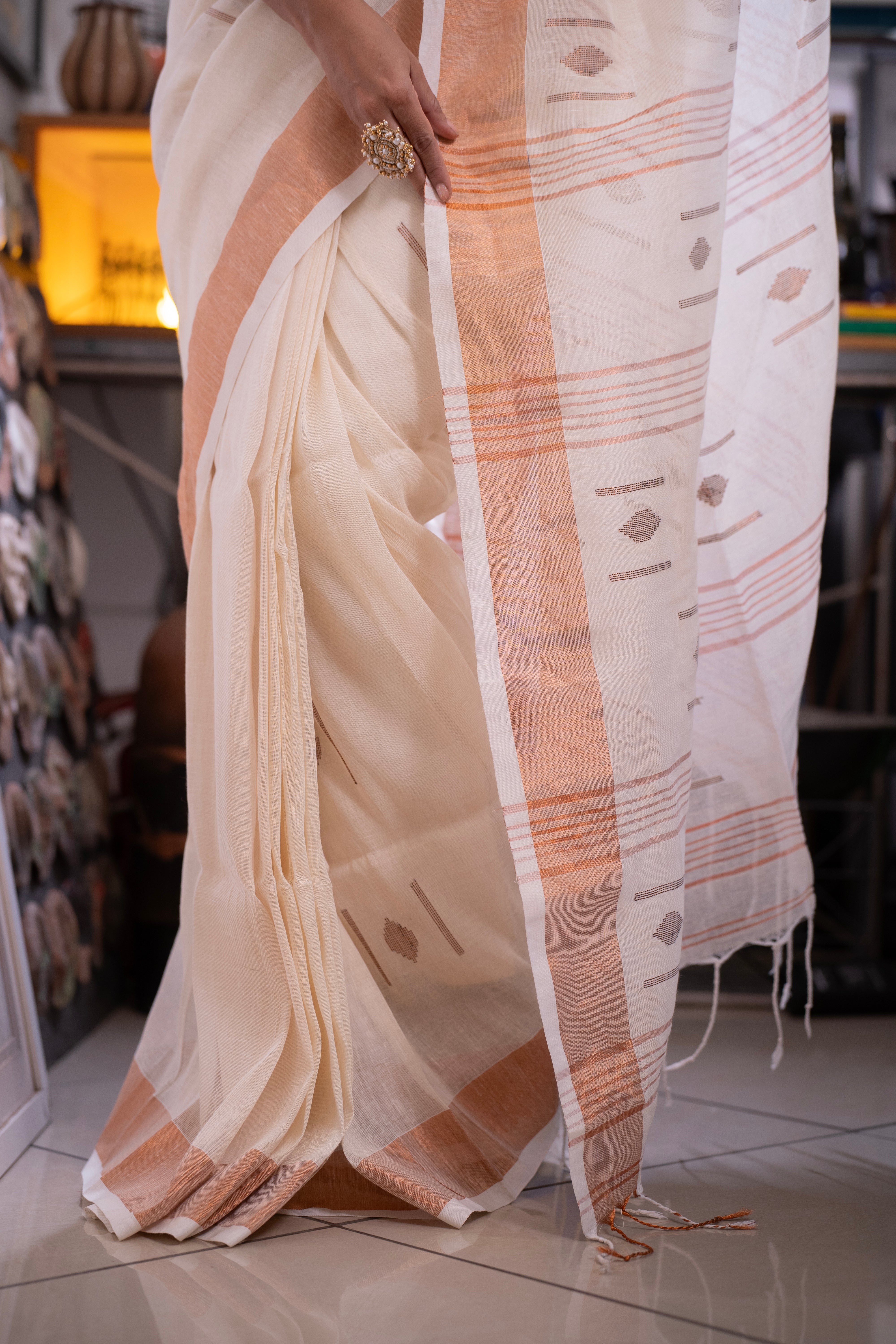 White pure linen hand woven saree