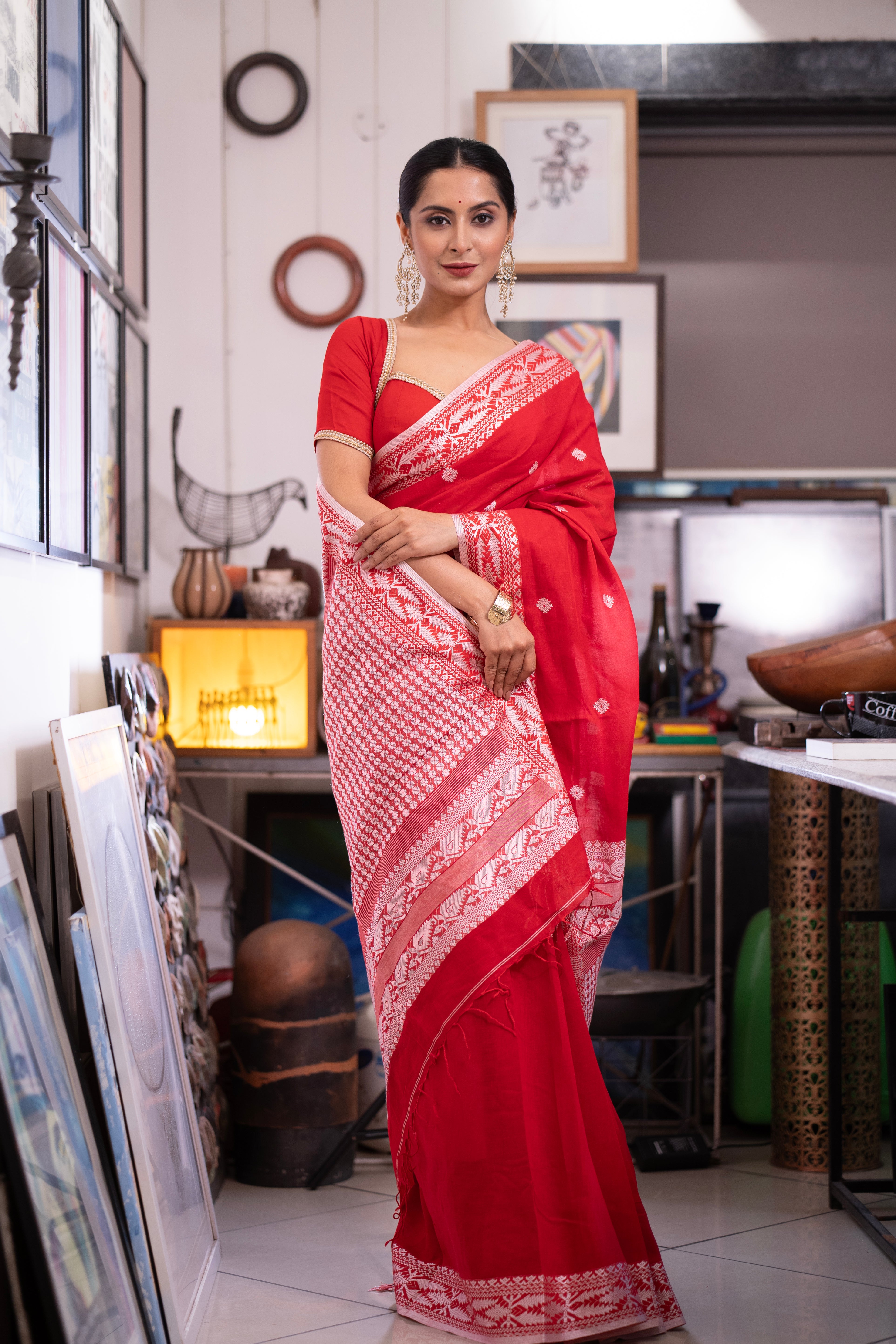 Red Pure Masrise Cotton Handwoven Saree