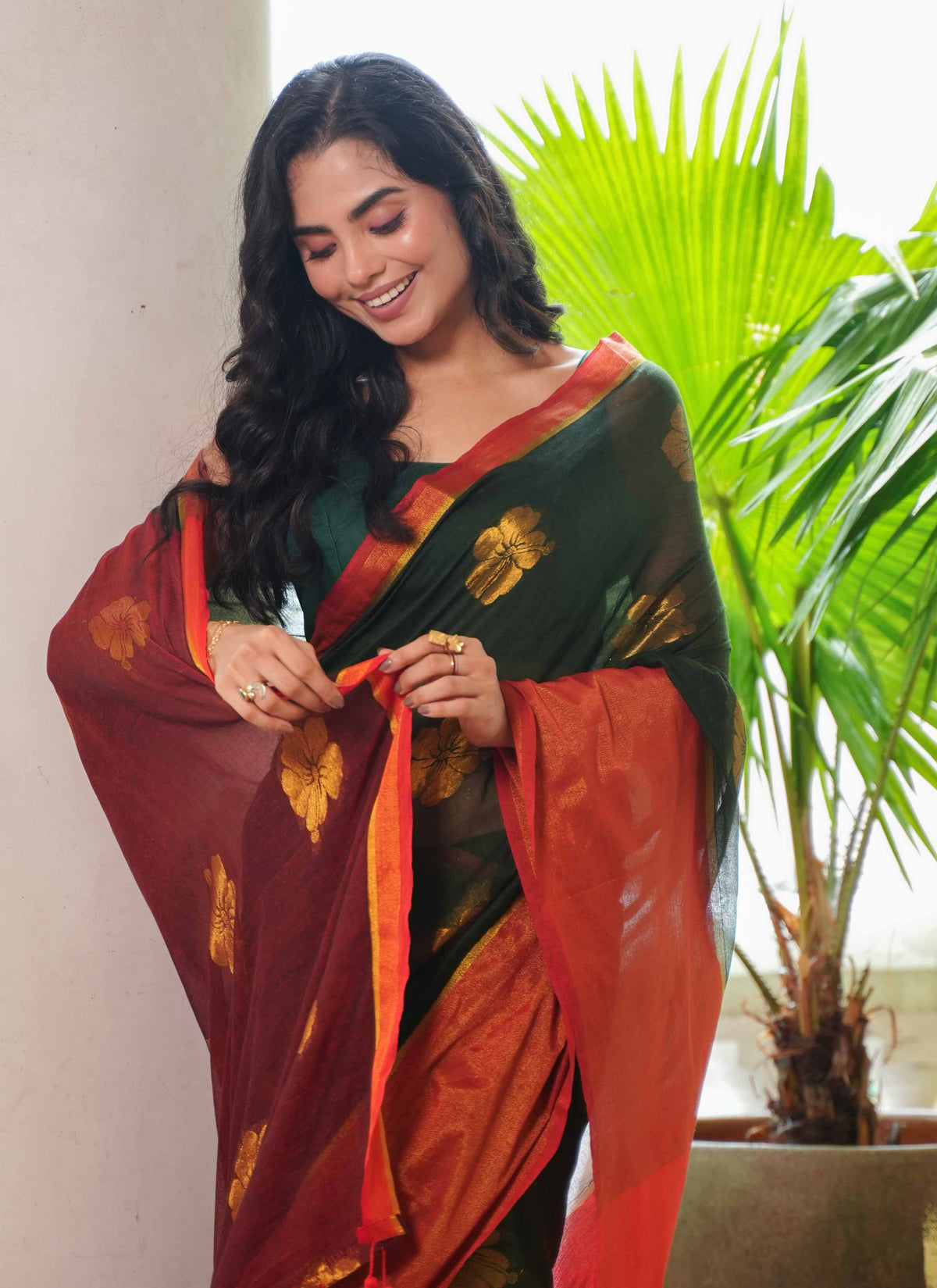 Green Hibiscus Gold Zari Thread Mulmul Cotton Saree with Blouse Piece