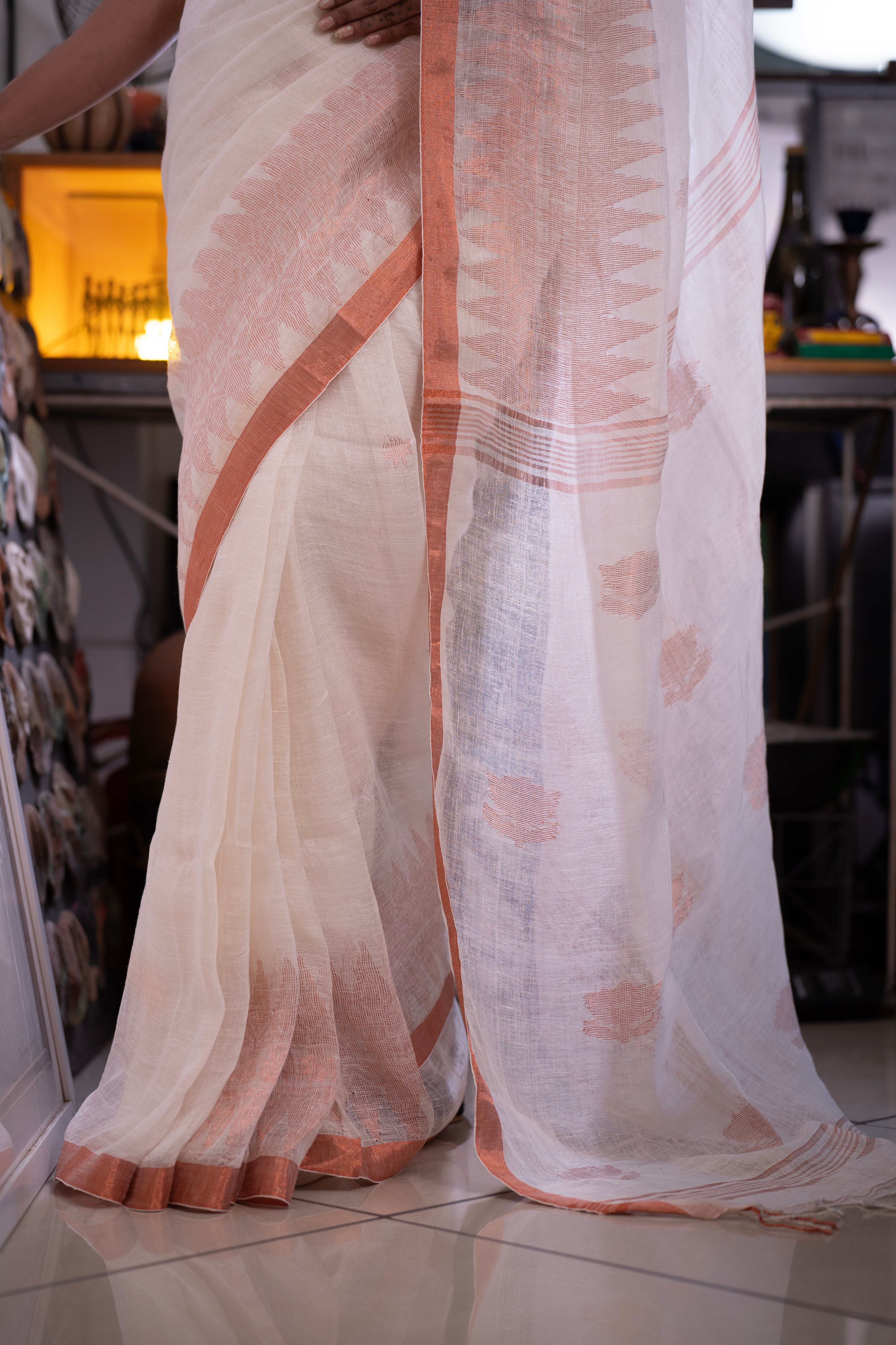 White khusboo pure linen handwoven saree